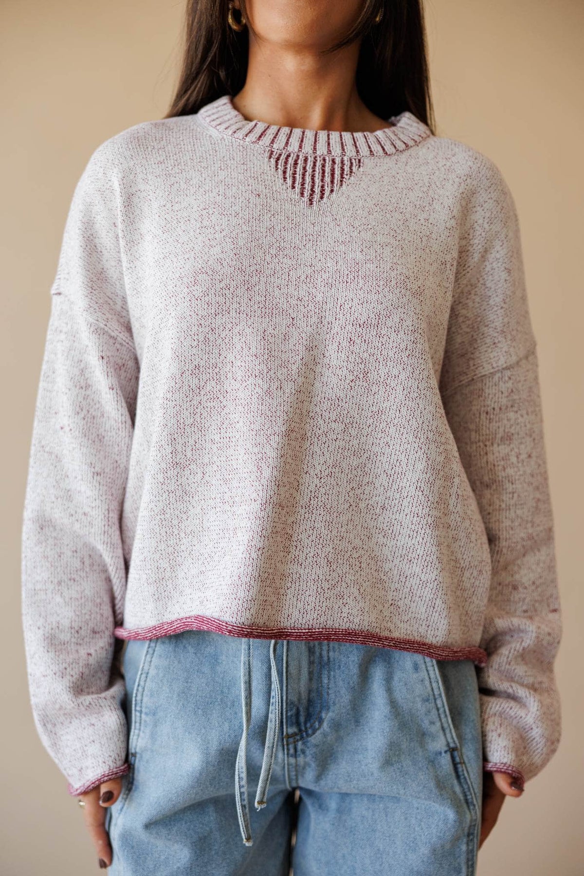 Two tone knit sweater with contrast trim