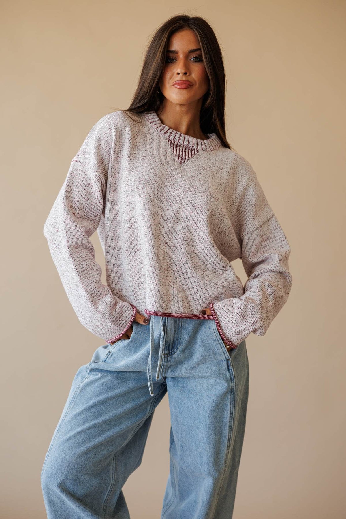 Two tone knit sweater with contrast trim, front view