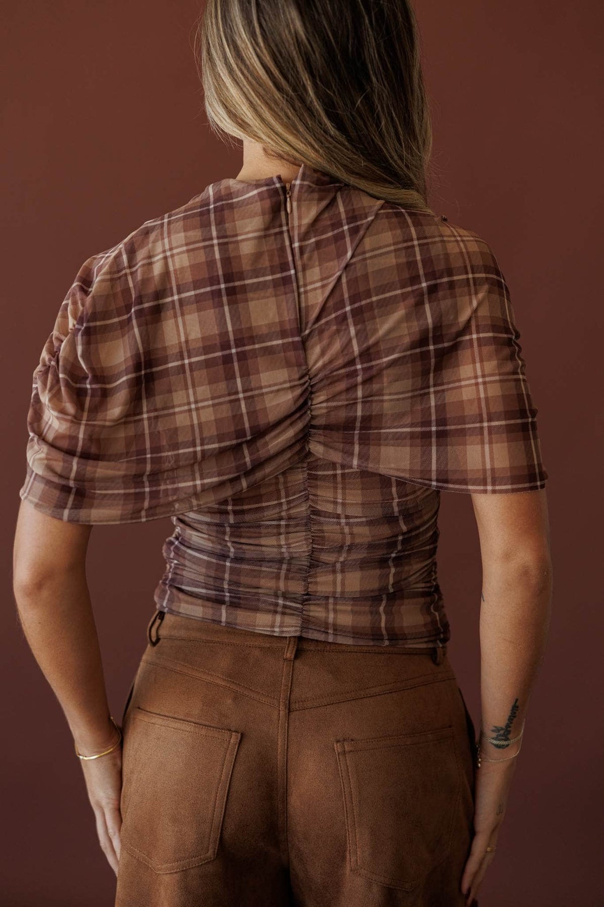 Autumn Static Plaid Top, back view of the sheer plaid
