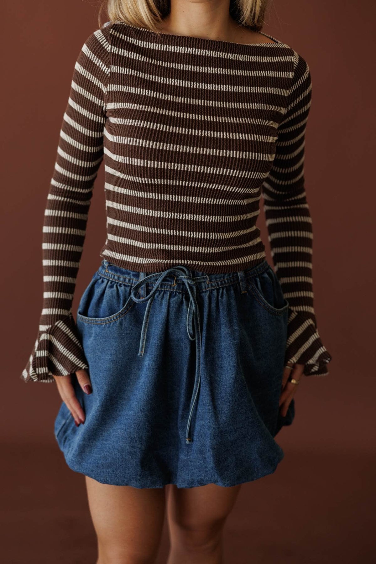 Coffee Stripe Long Sleeve Top, front view of the fine stripe and mock neck