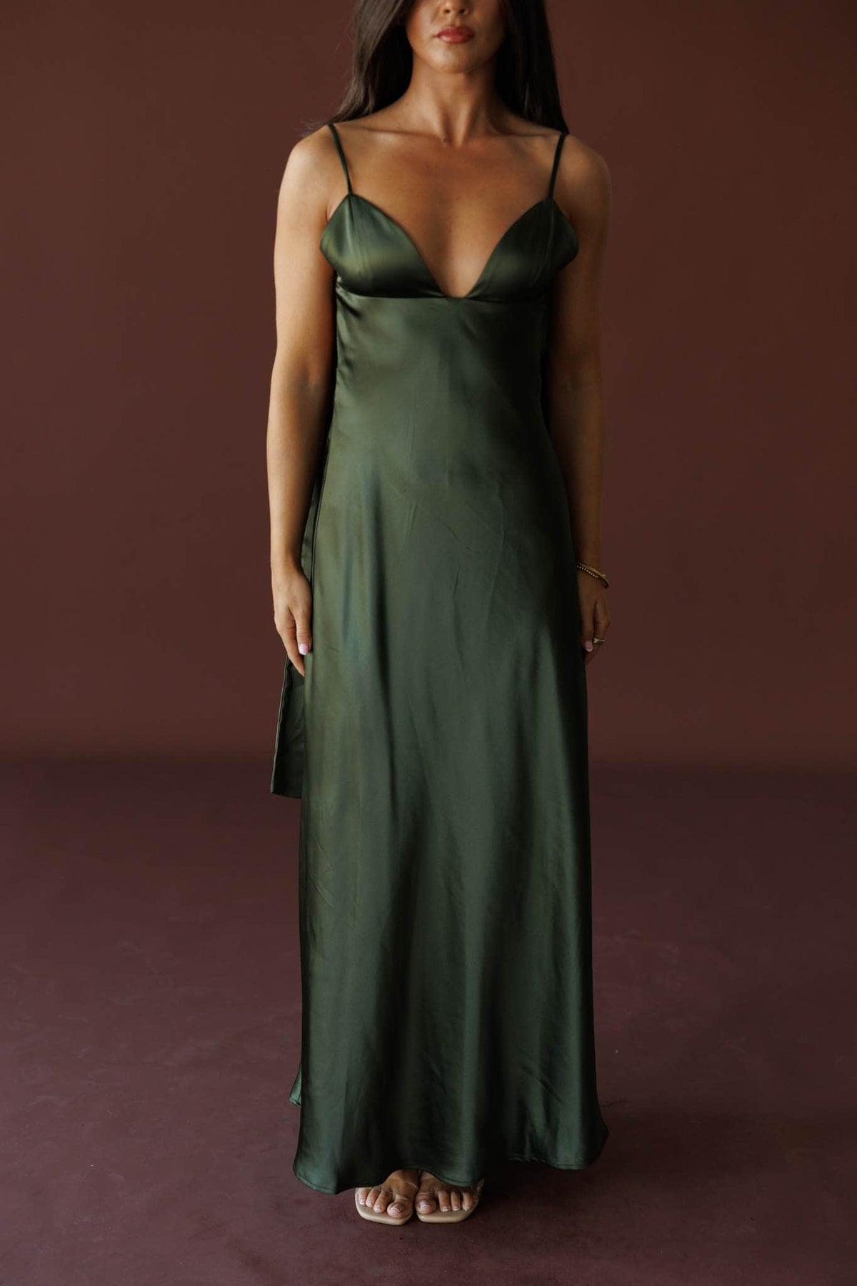 The Candlelight Dress in khaki, front close-up of the cowl neck and thin straps