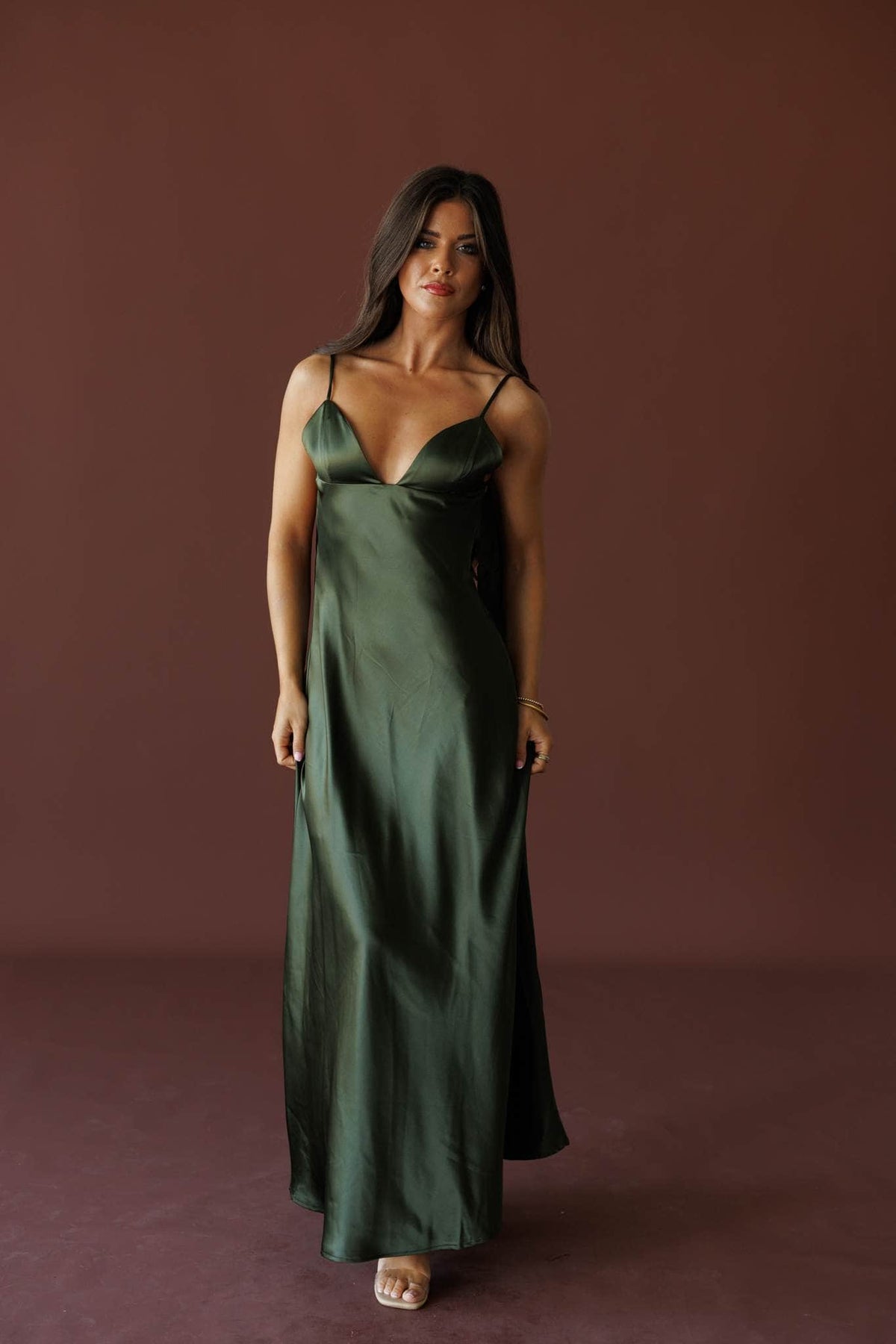 The Candlelight Dress in khaki, full-length view on model with hands at the sides