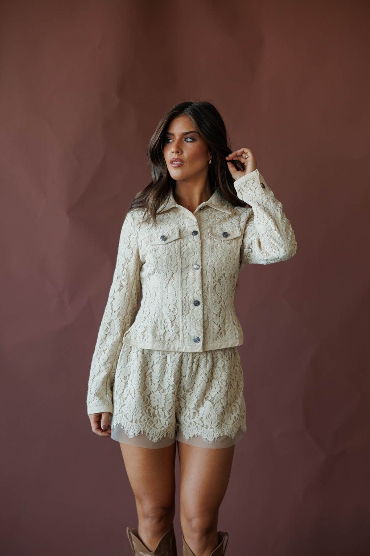 Cream lace button front jacket, front view