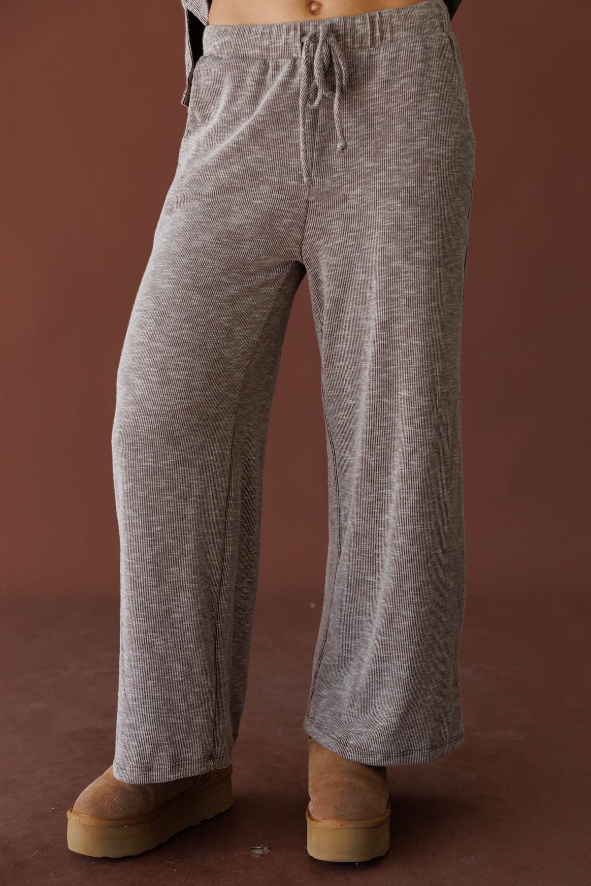 Grey knit wide leg pants, front view