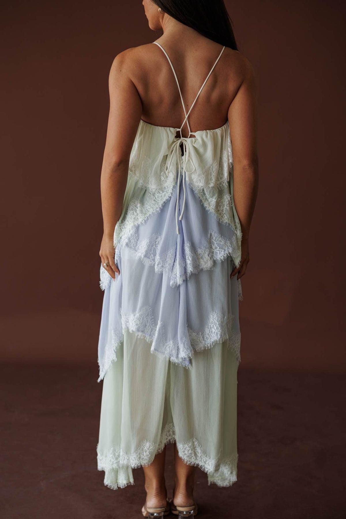 The Summer Diaries Dress, in blue multi, back view of the open back