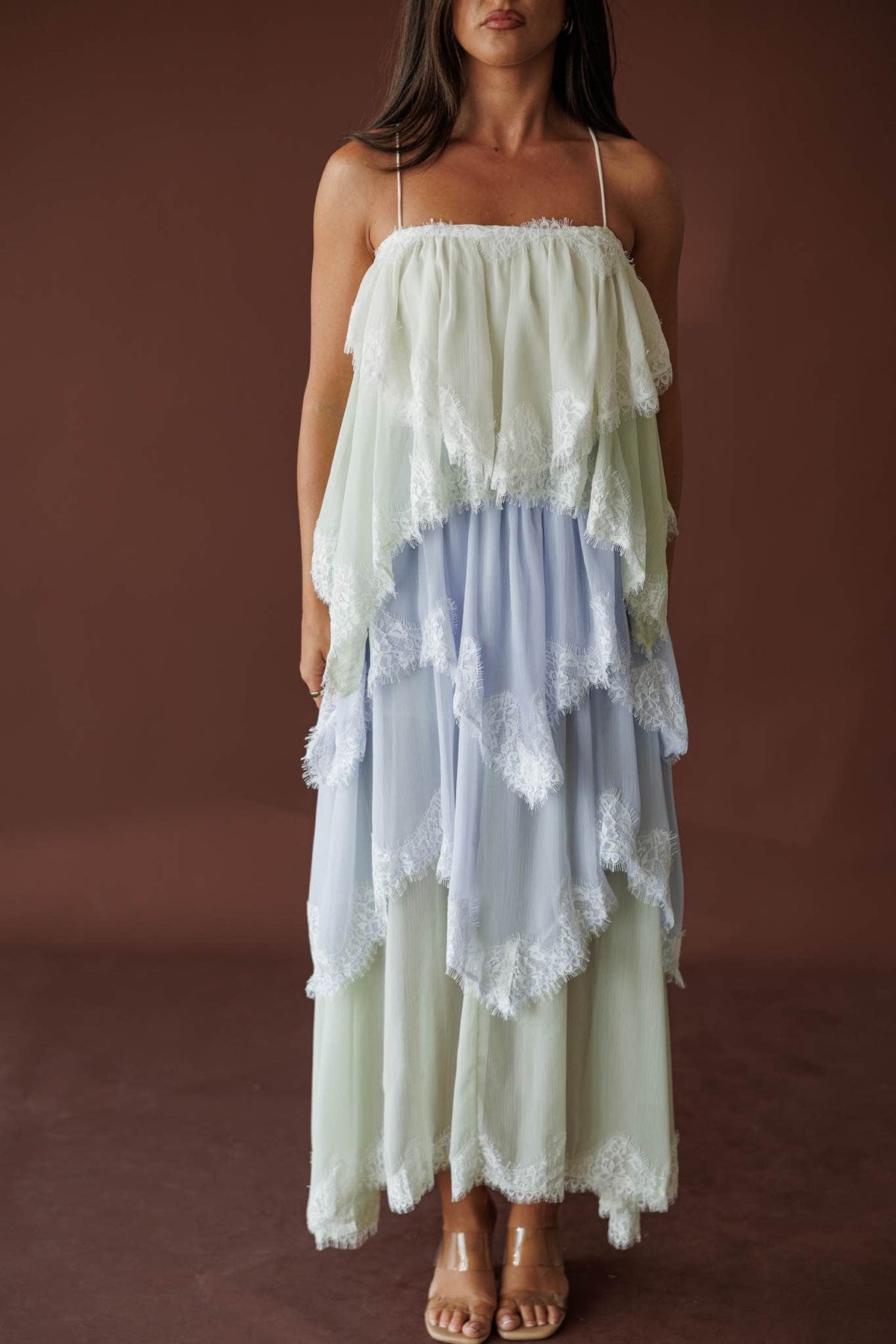 The Summer Diaries Dress, in blue multi, front view of the lace trimmed tiers