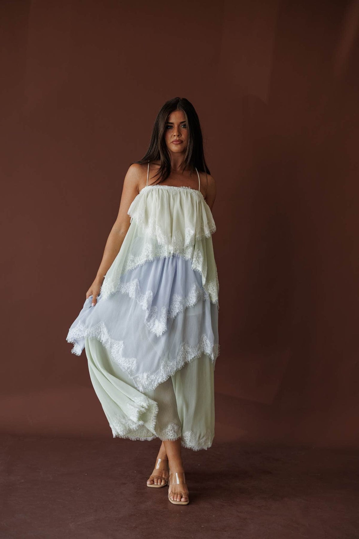 The Summer Diaries Dress, in blue multi, full-length front view of the tiered chiffon dress