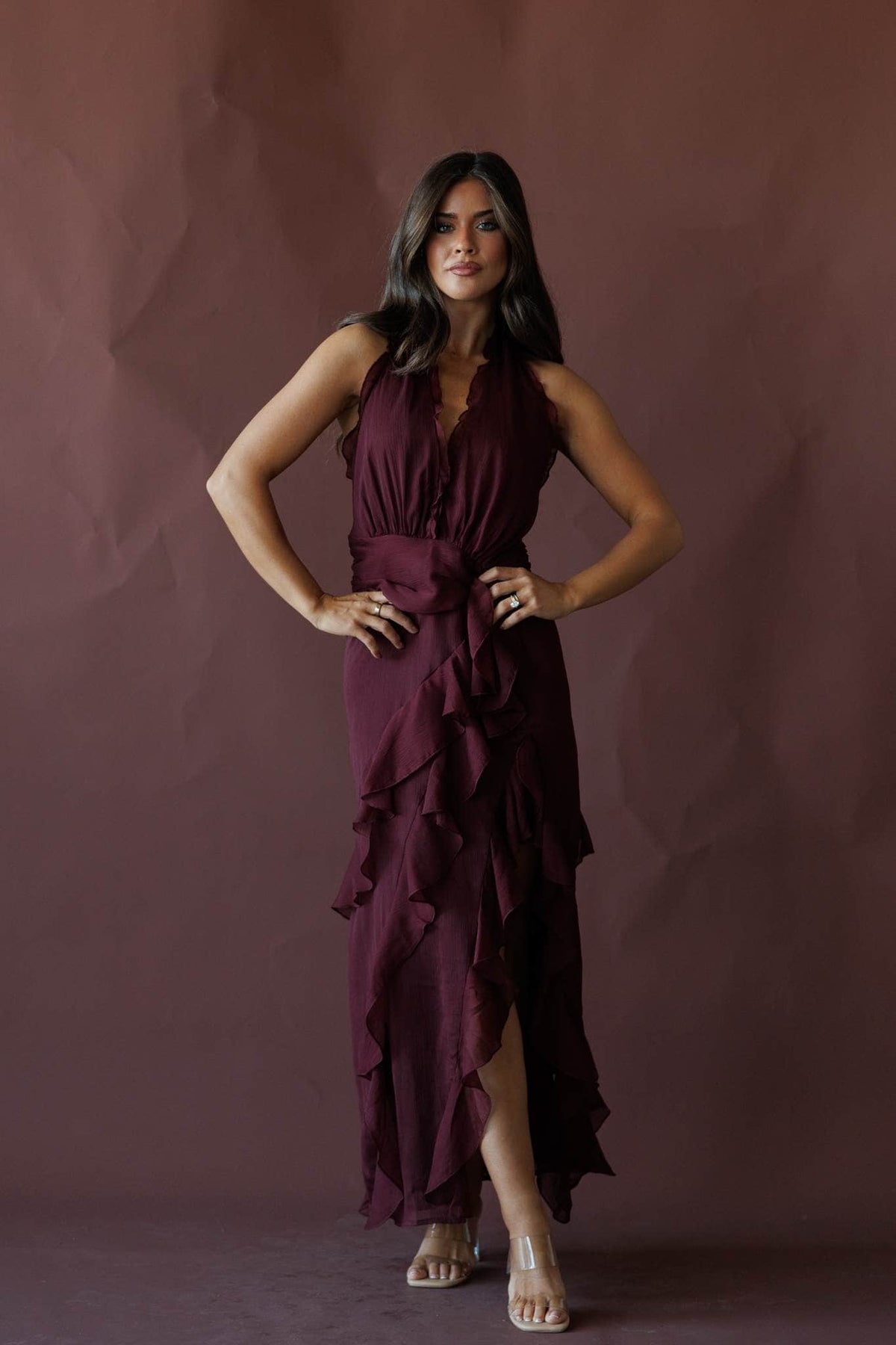 Wine ruffle halter maxi dress, front view