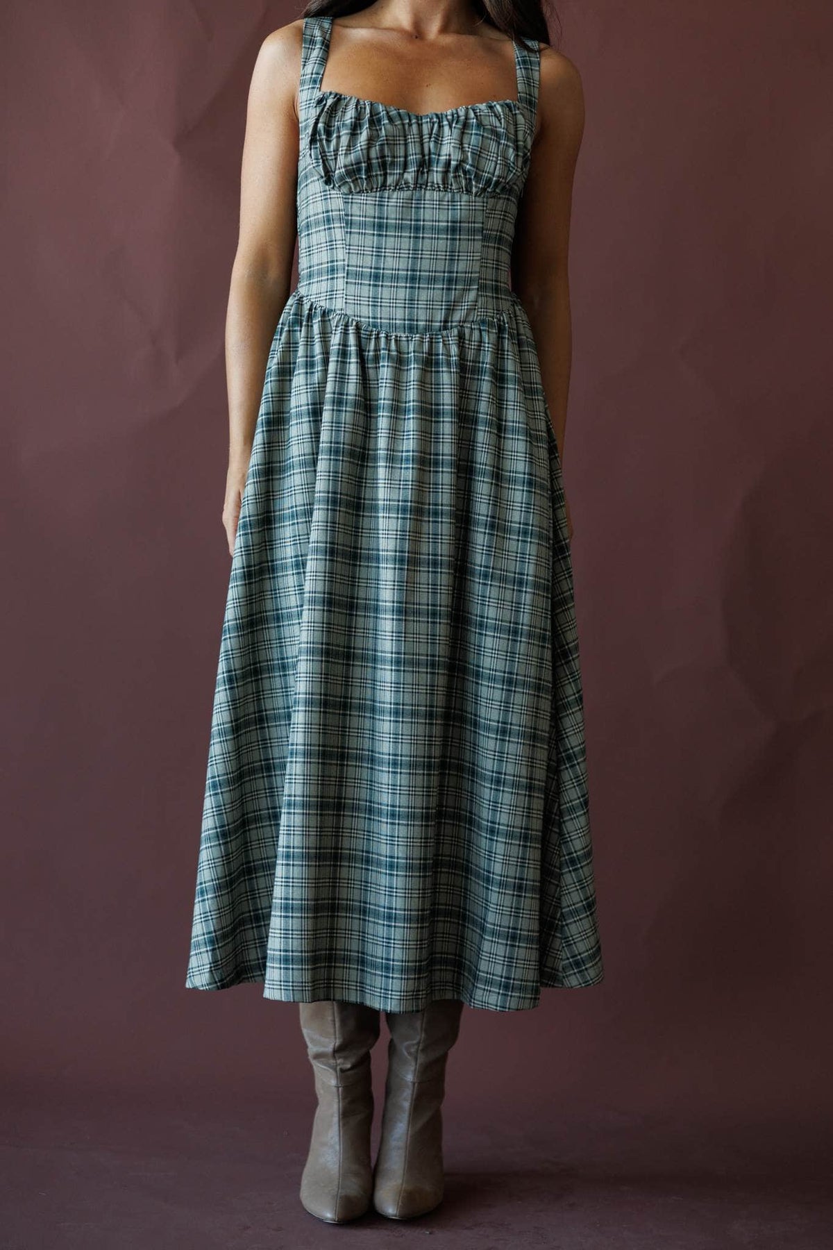 Green plaid midi dress
