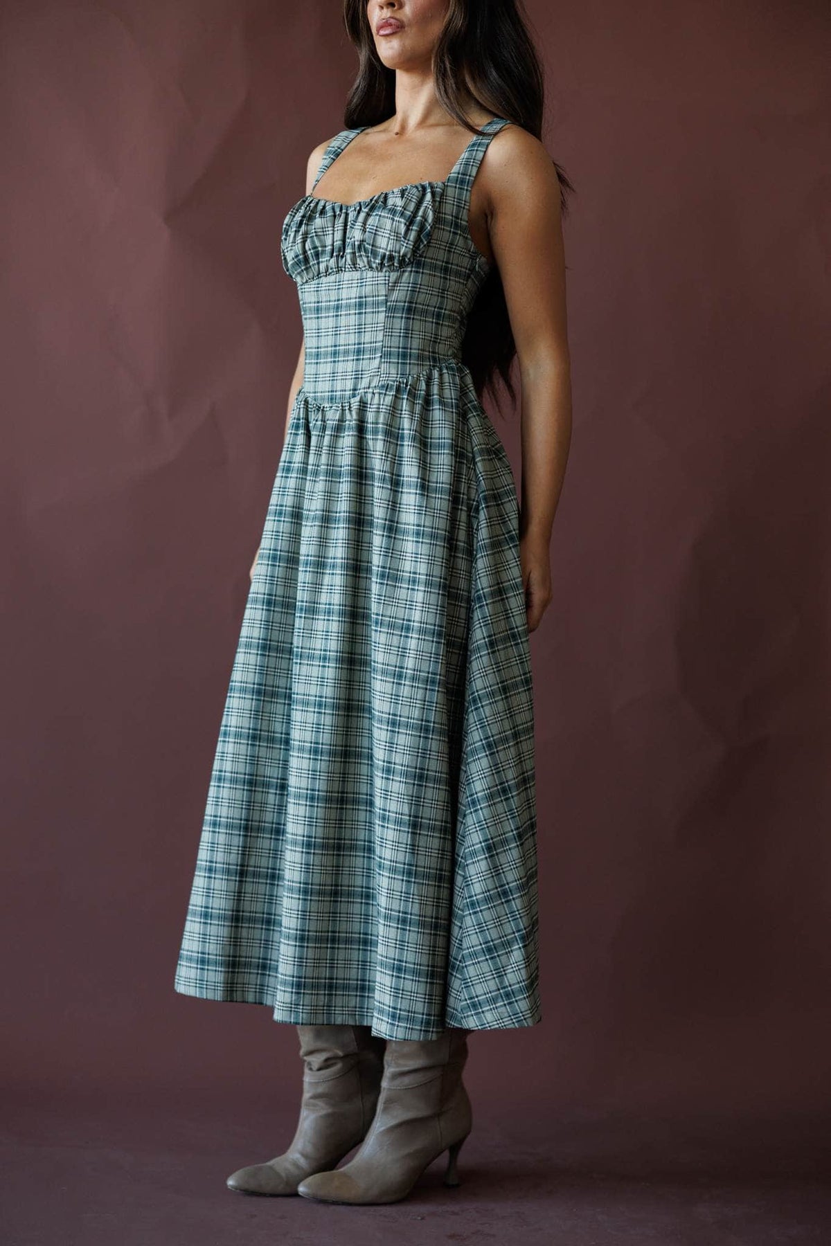 Green plaid midi dress