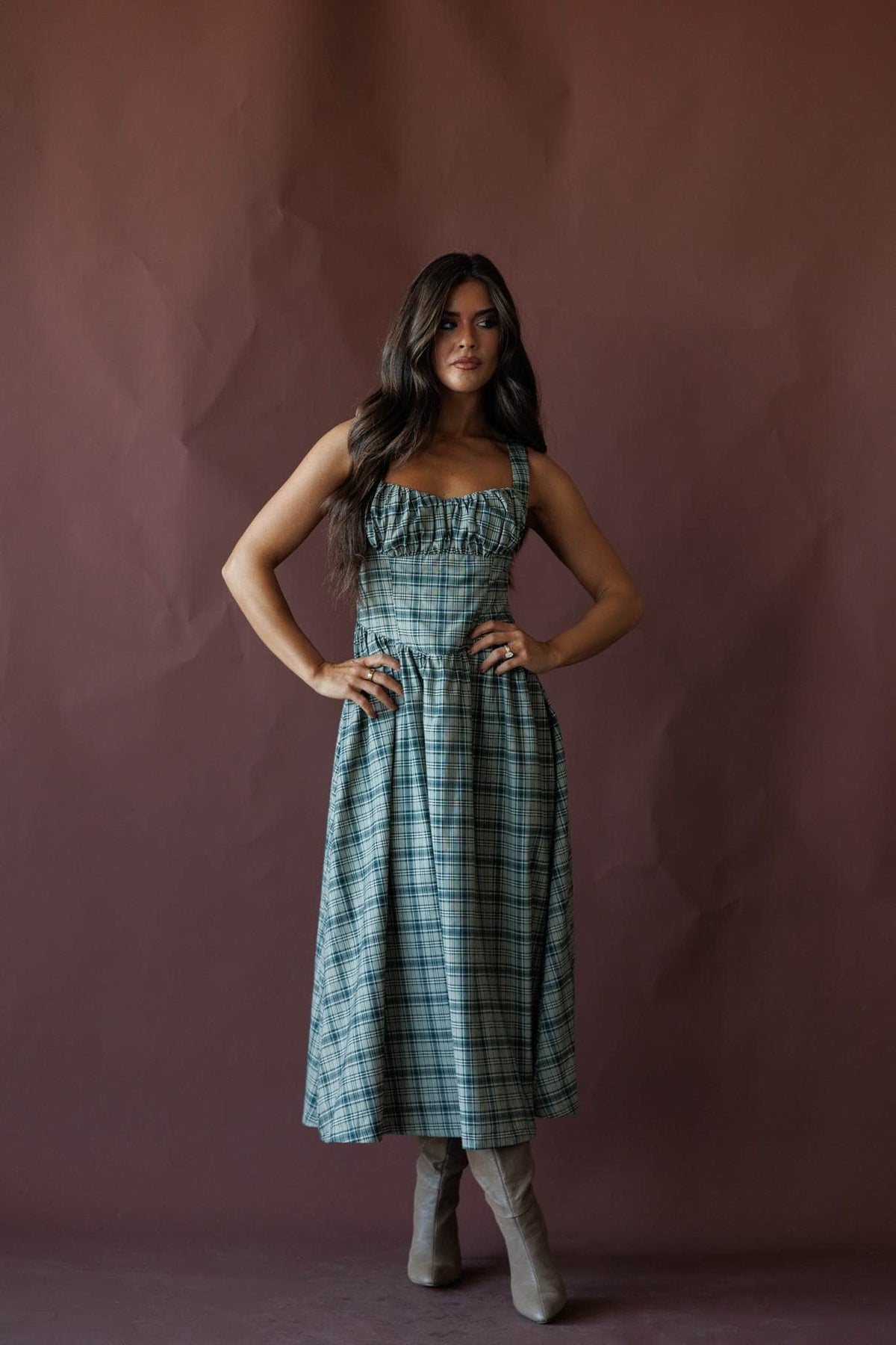 Green plaid midi dress