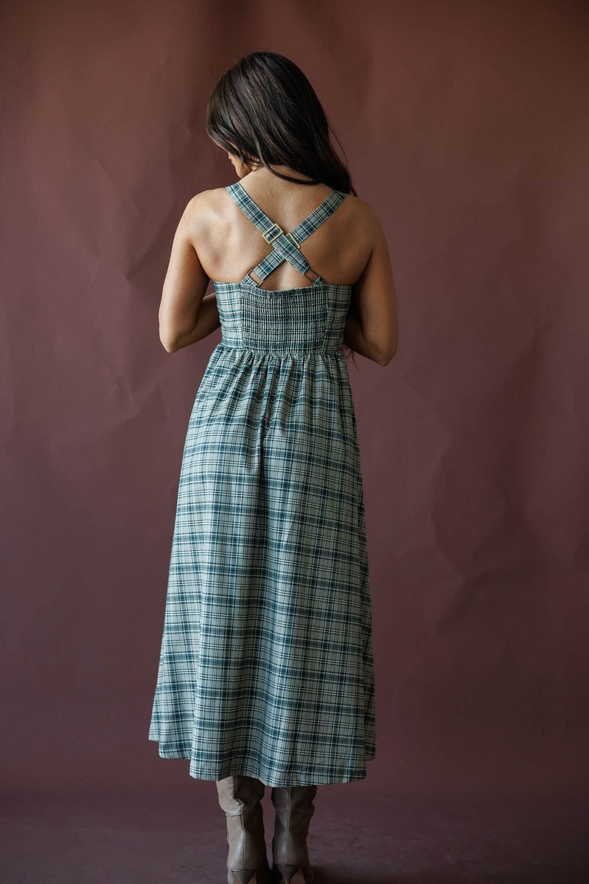 Green plaid midi dress