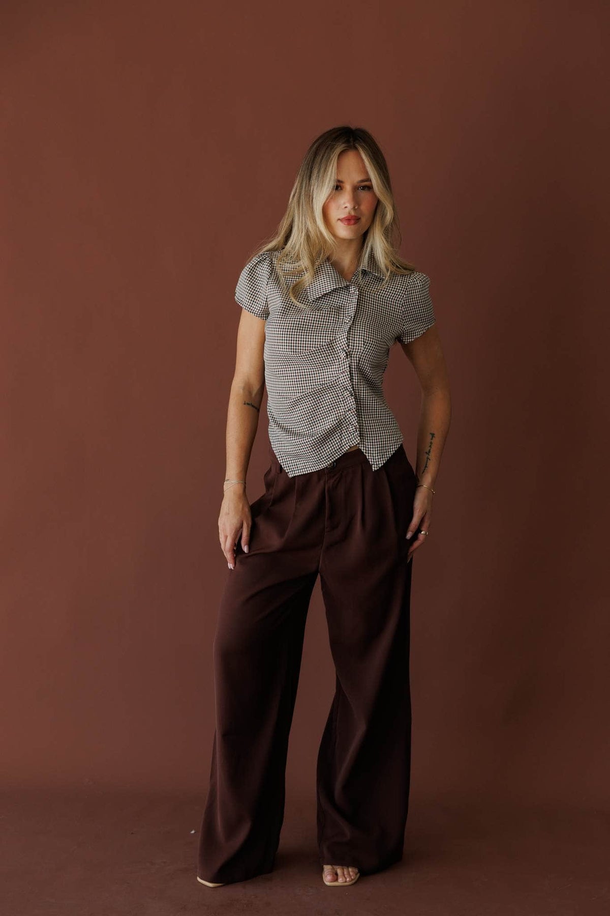 Grey micro check short sleeve button top