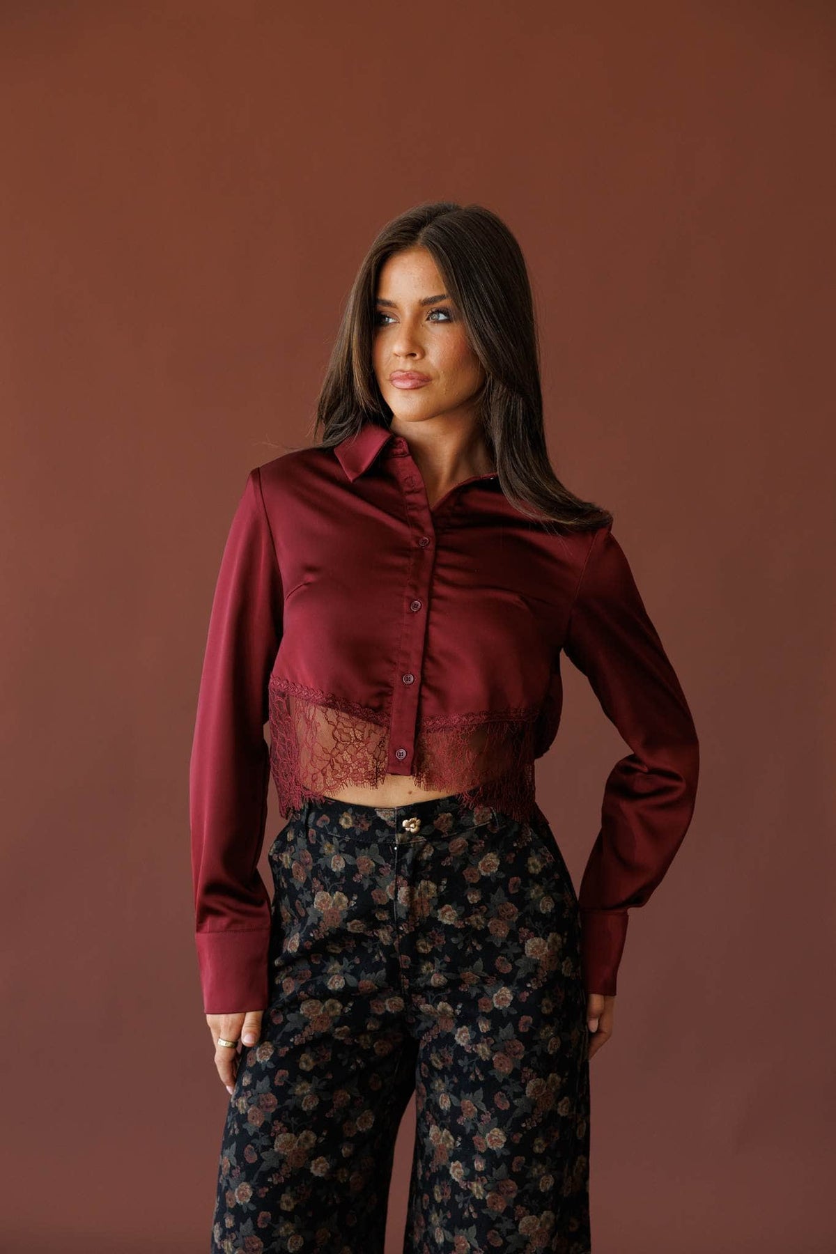 Wine satin top, front view