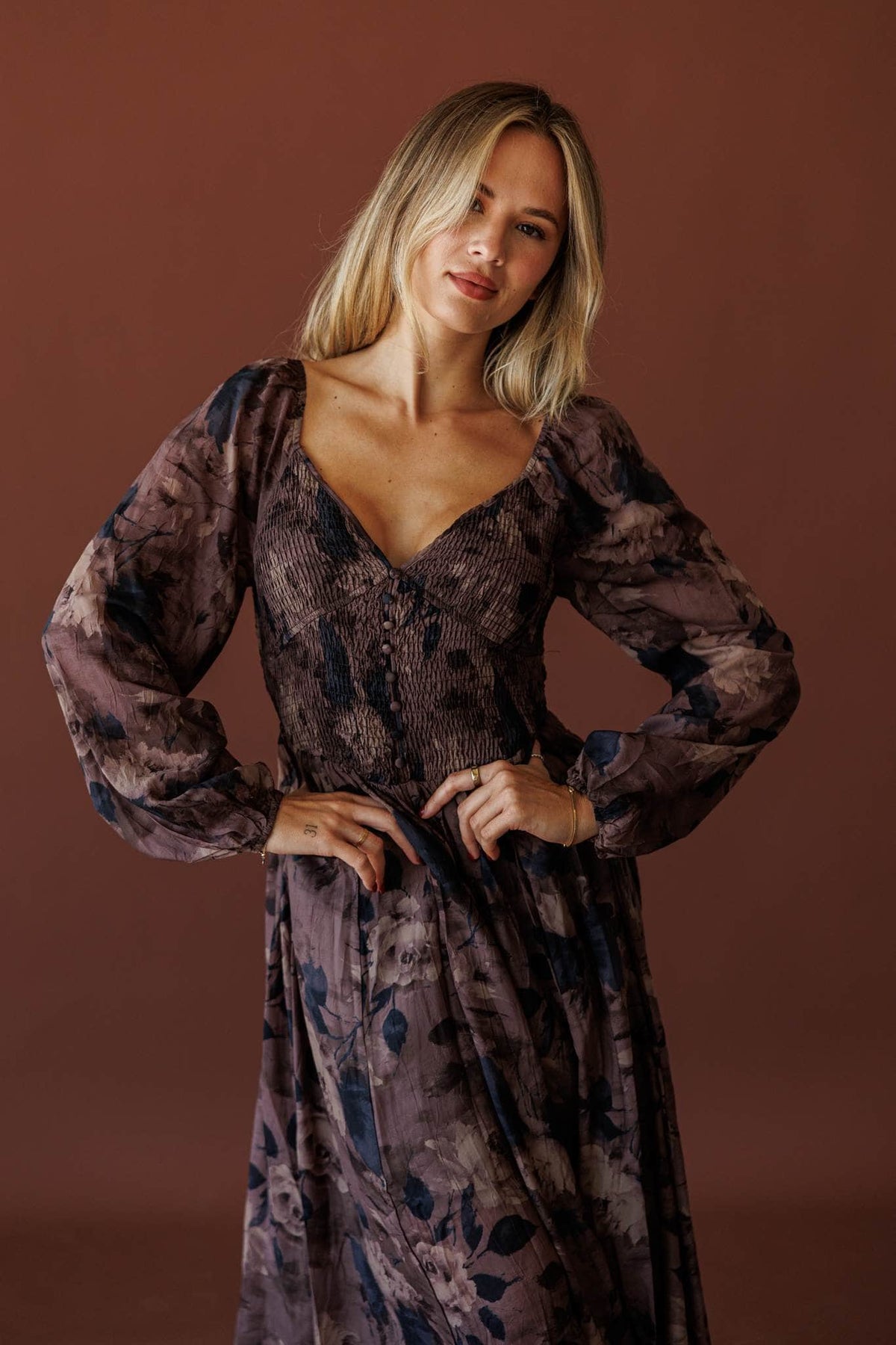 Wildwood Floral Maxi Dress, three-quarter view of the floral maxi