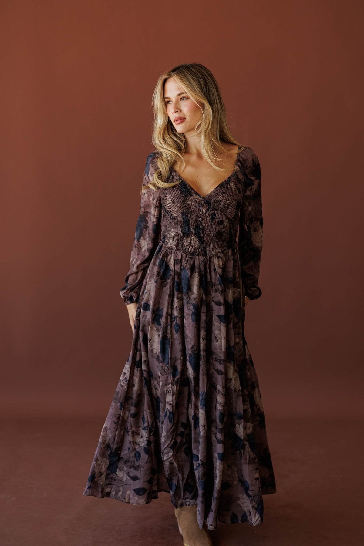 Wildwood Floral Maxi Dress, full-length front view of the floral print