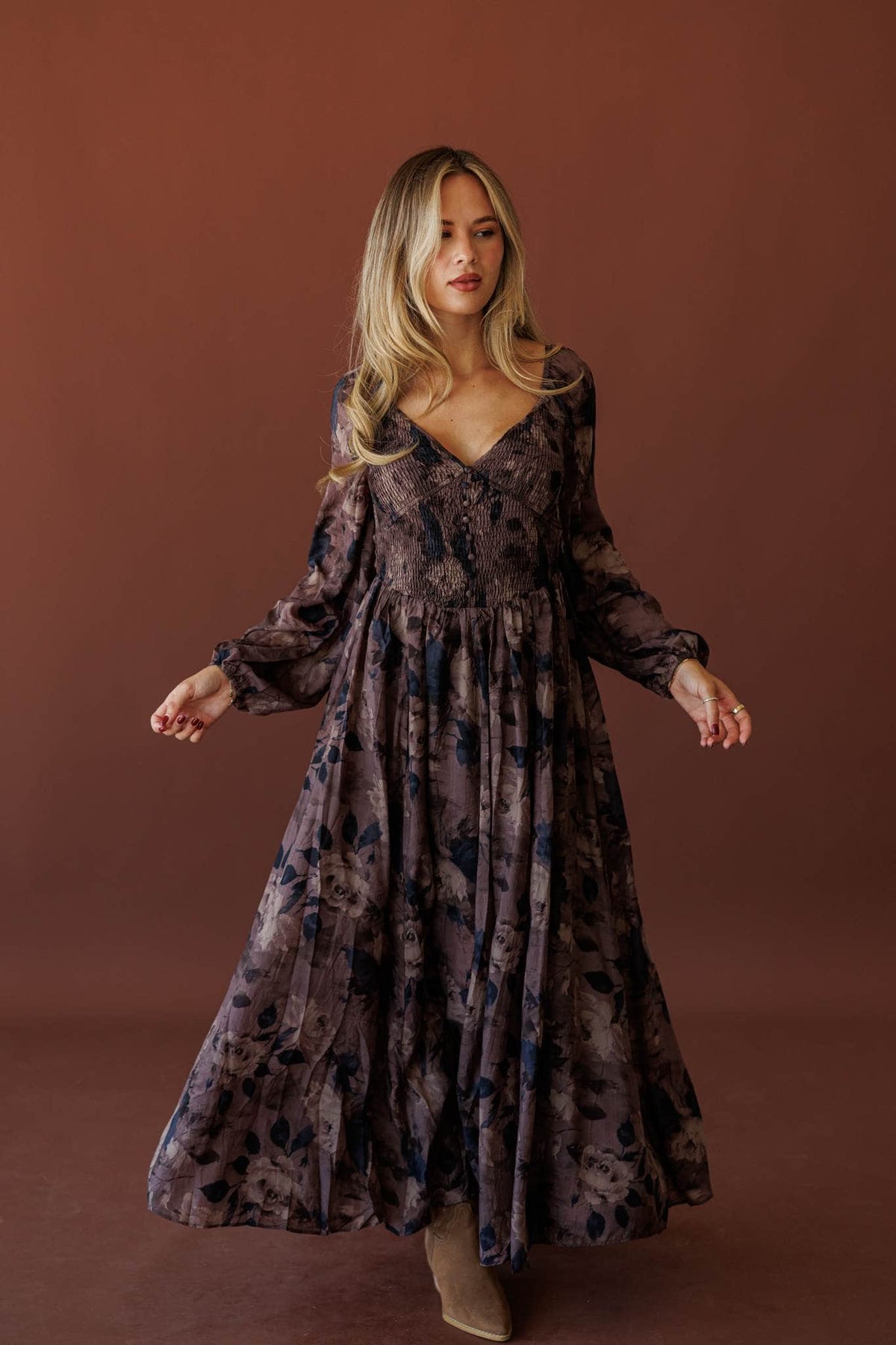 Wildwood Floral Maxi Dress, full-length view with the skirt in motion