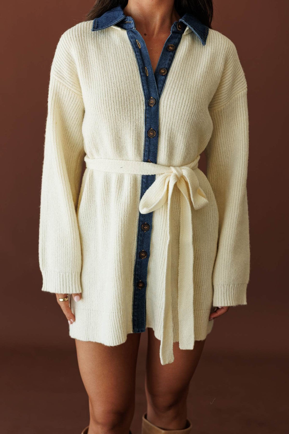 Varsity Collar Sweater Dress, front view of the belted waist