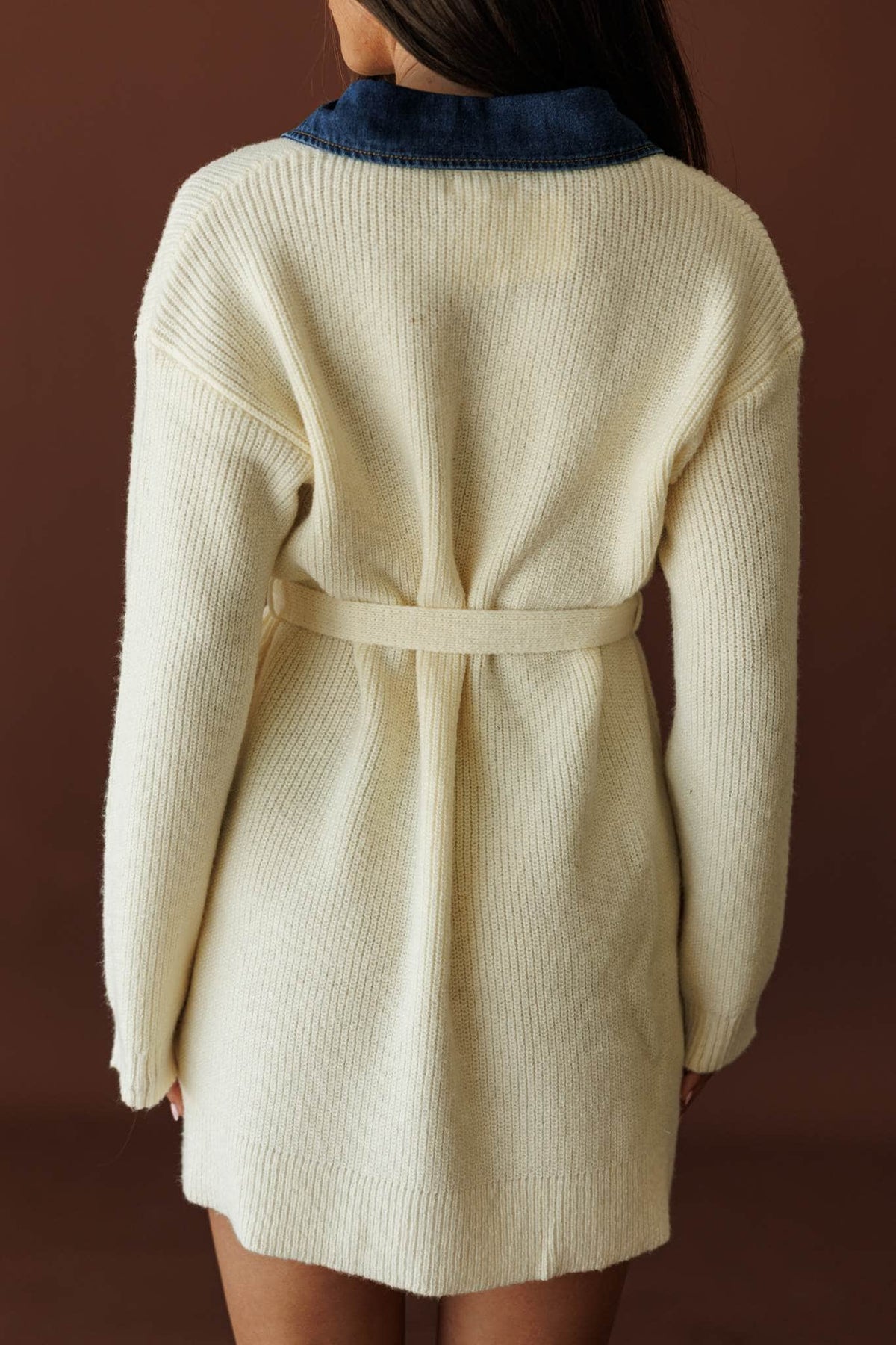 Varsity Collar Sweater Dress, back view of the sweater dress