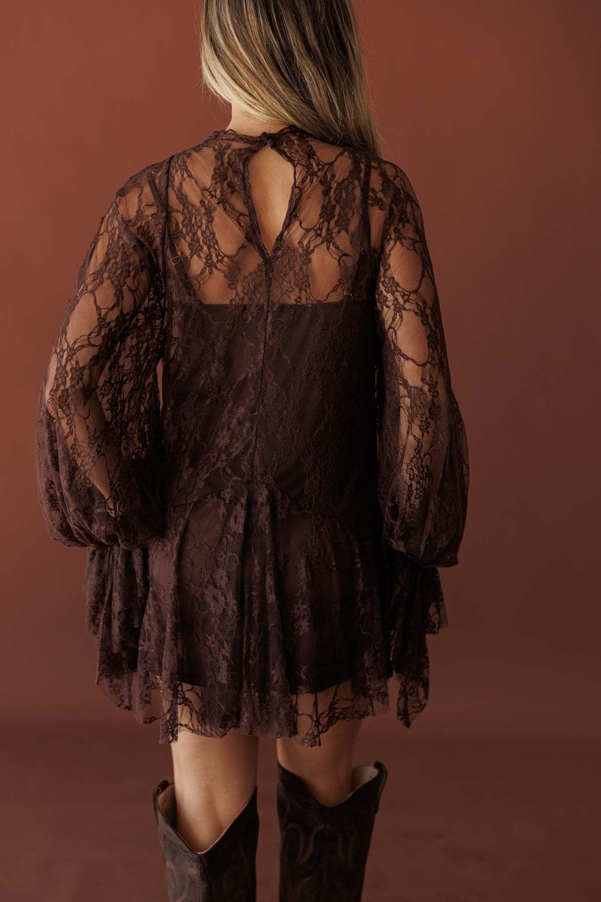 Lace Legend Mini Dress, in chocolate, back view of the lace yoke