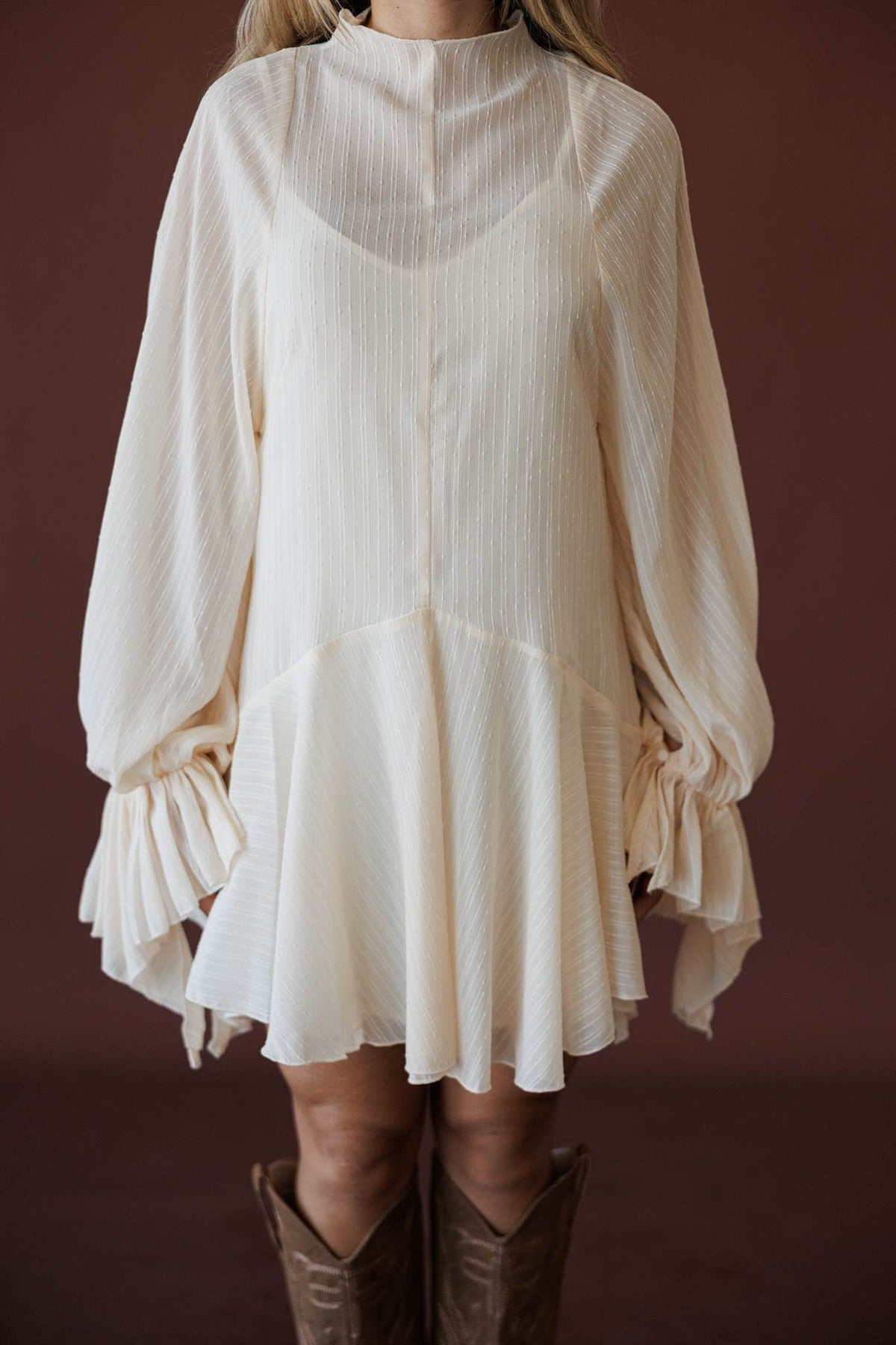 Cloud Nine Mini Dress, front view of the tiered balloon sleeves