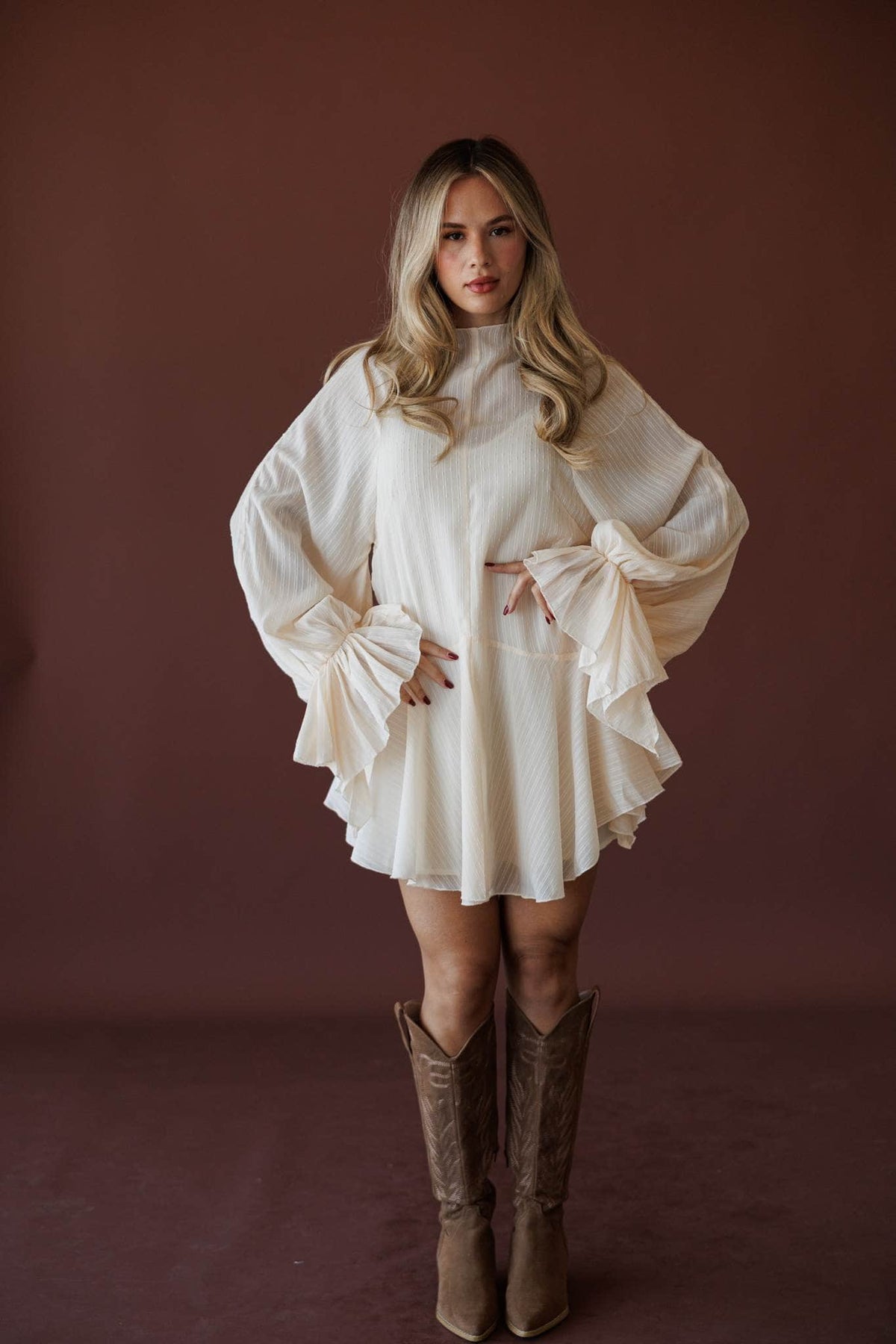 Cloud Nine Mini Dress, full-length view with tall boots
