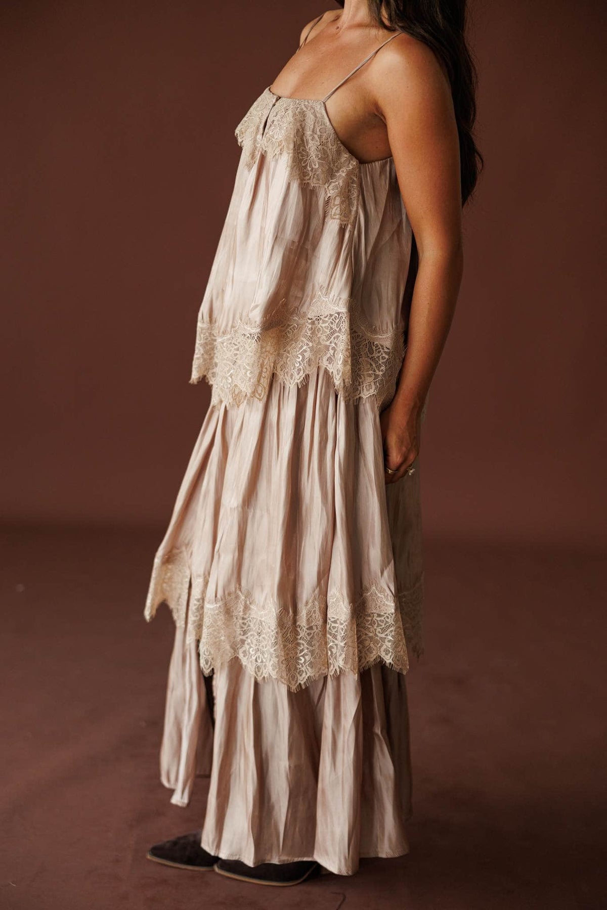 Where The Wildflowers Grow Maxi Dress in sand, side view of the lace and satin tiers