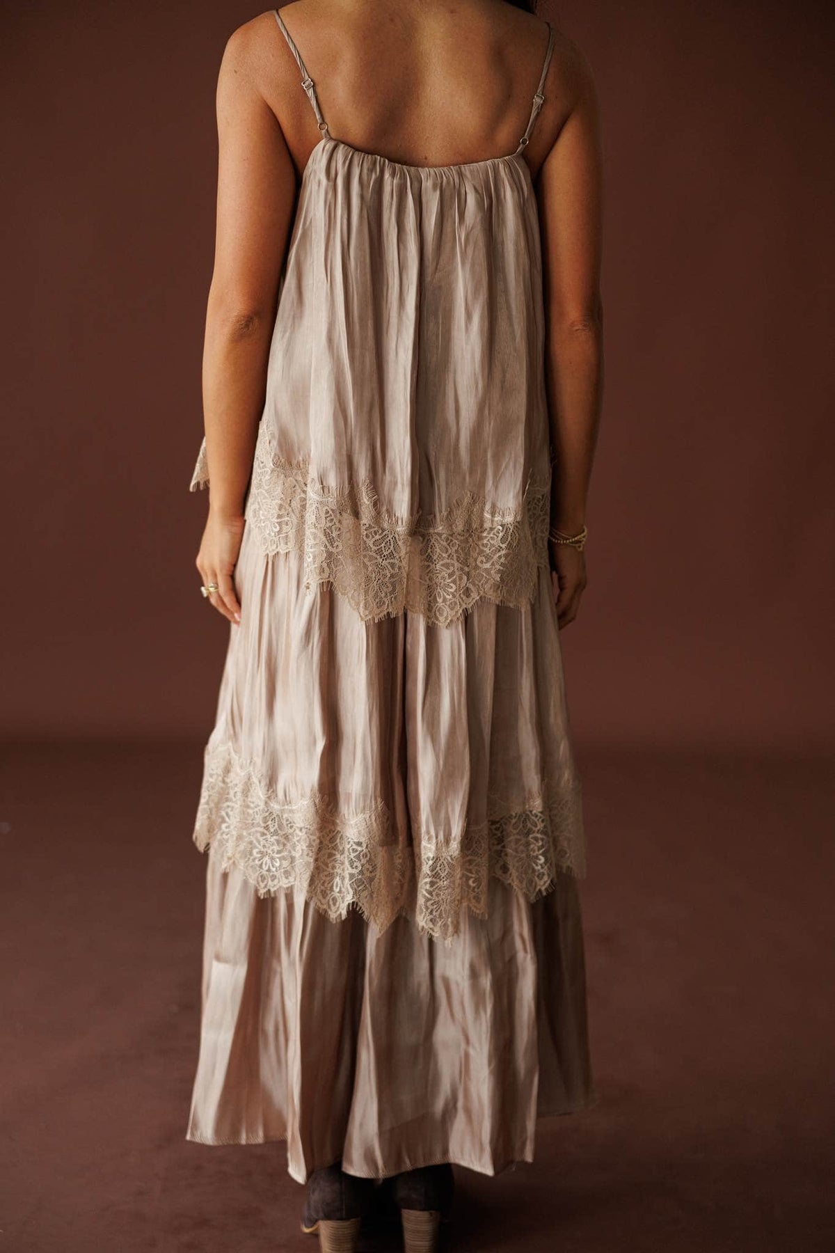 Where The Wildflowers Grow Maxi Dress in sand, back view of the straight neckline and straps