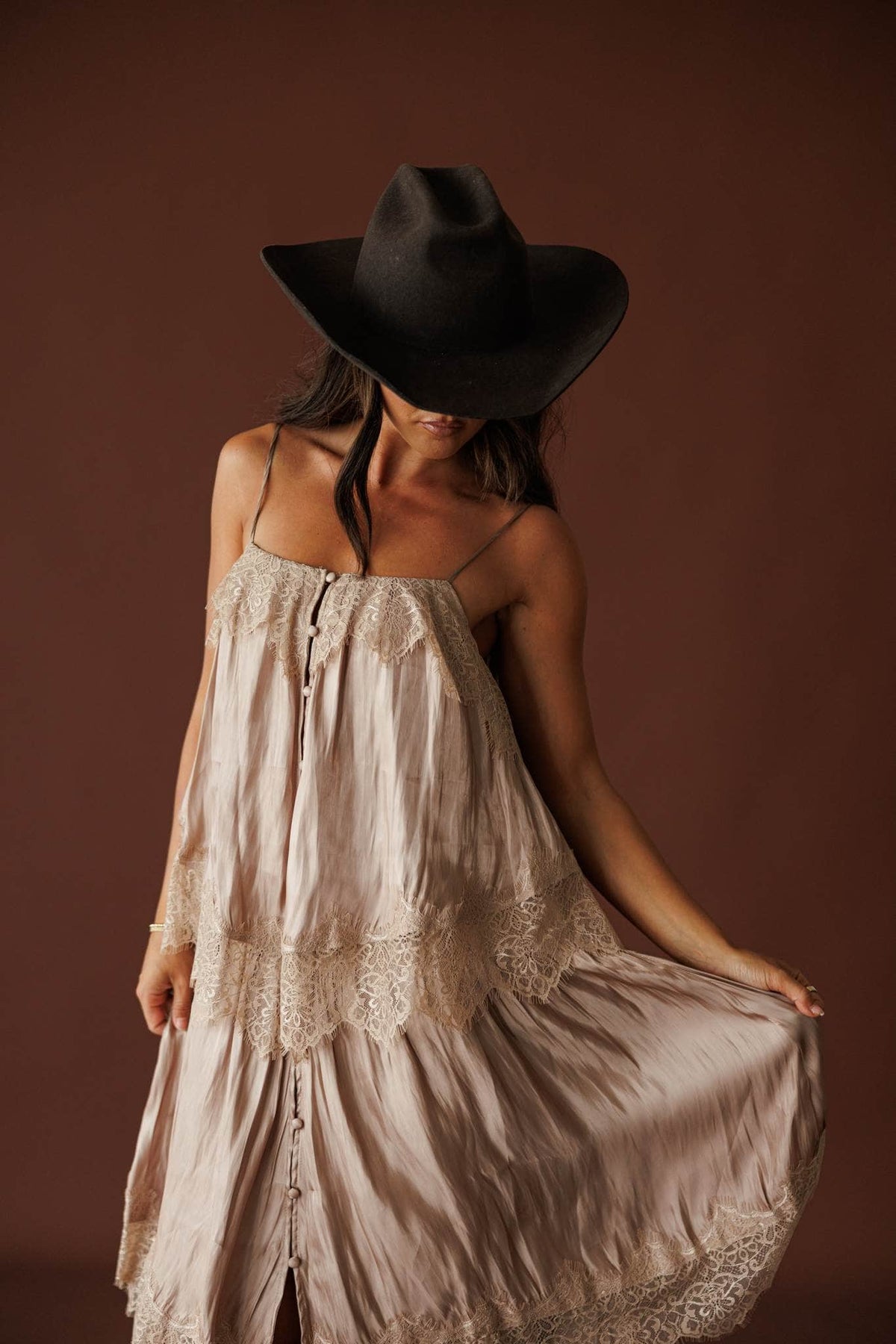 Where The Wildflowers Grow Maxi Dress in sand, front view with the satin skirt in motion