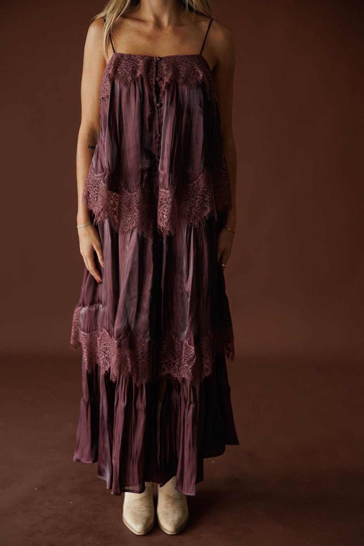 Where The Wildflowers Grow Maxi Dress in plum, front view of the tiered satin and lace skirt