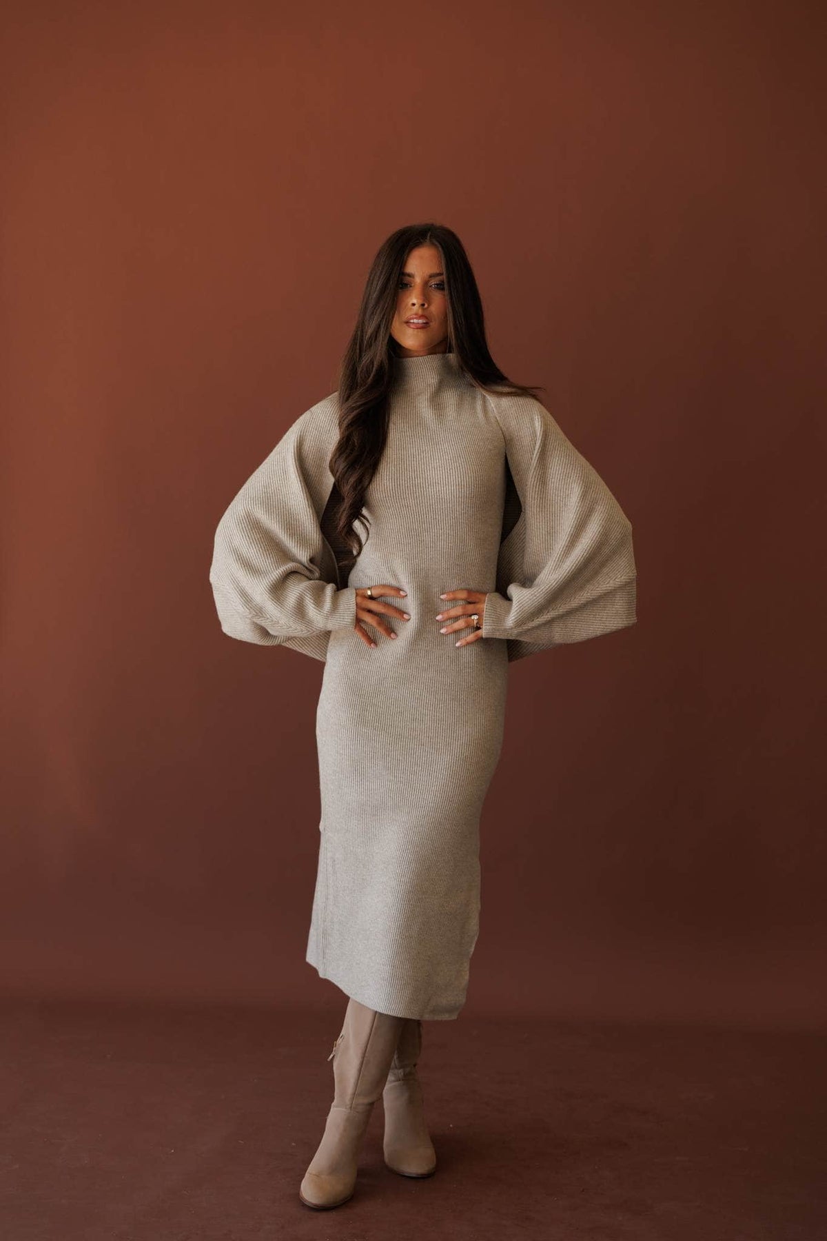 Serving Looks Sweater Dress, in cloud grey, three-quarter front view of the column shape