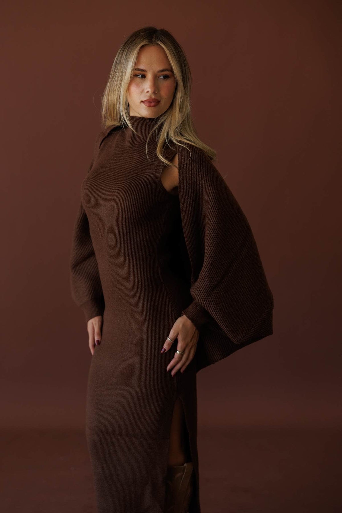 Serving Looks Shrug, in chocolate, close front view of the mock neck