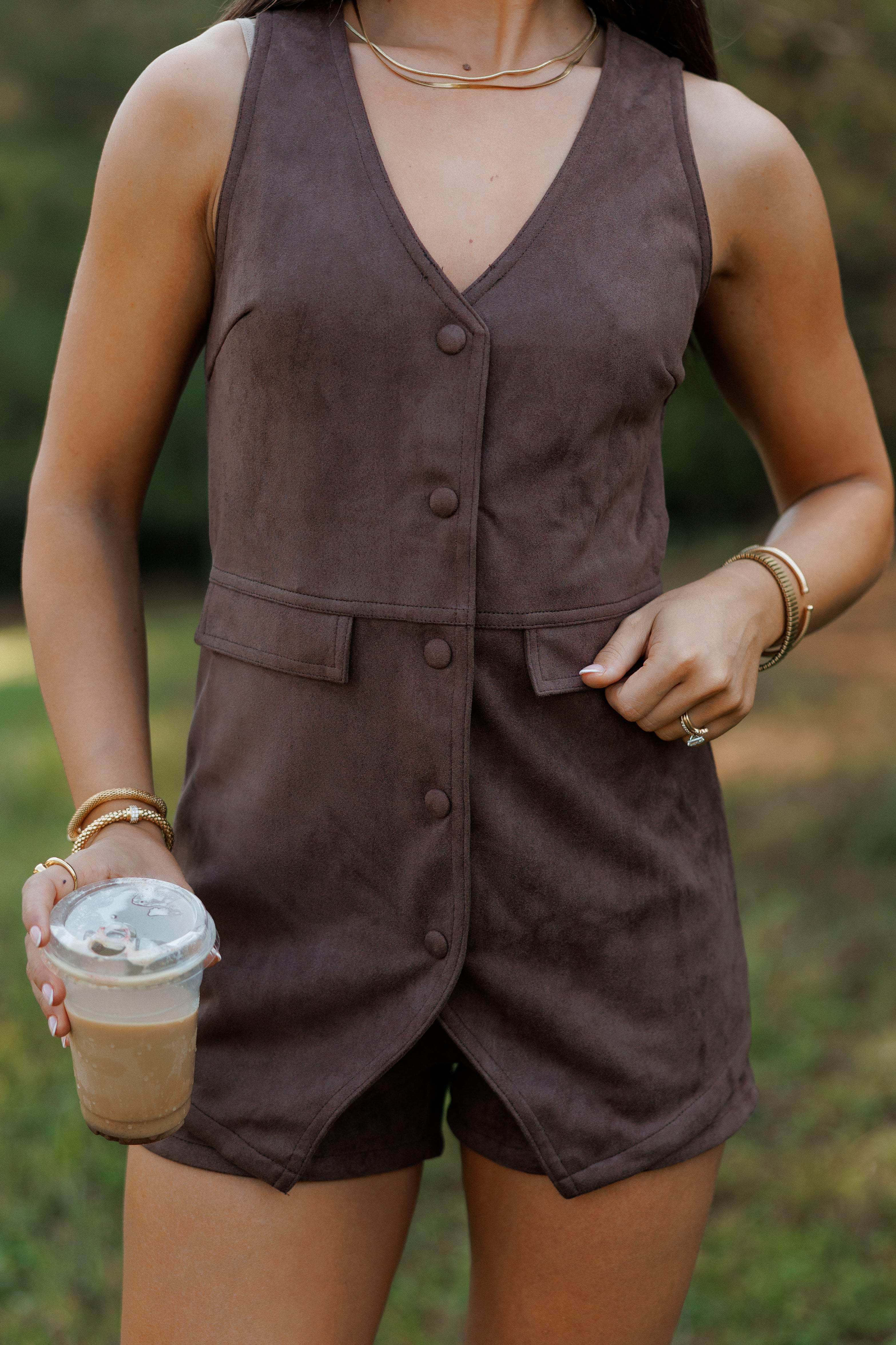 Suede Romper | Brown Sleeveless Cinched Waist Rompers | Lane 201
