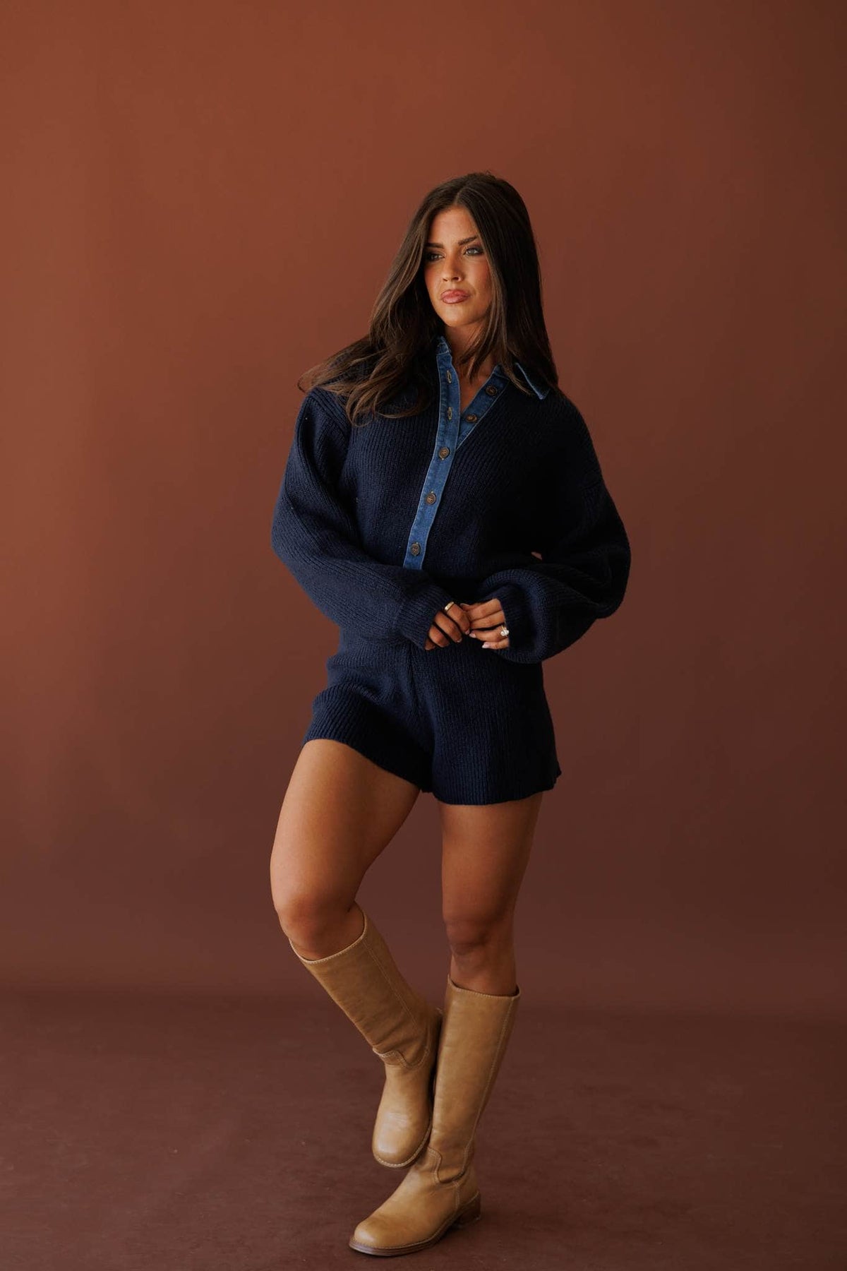 Mixed Signals Sweater Romper, in midnight, full-length view with tall boots