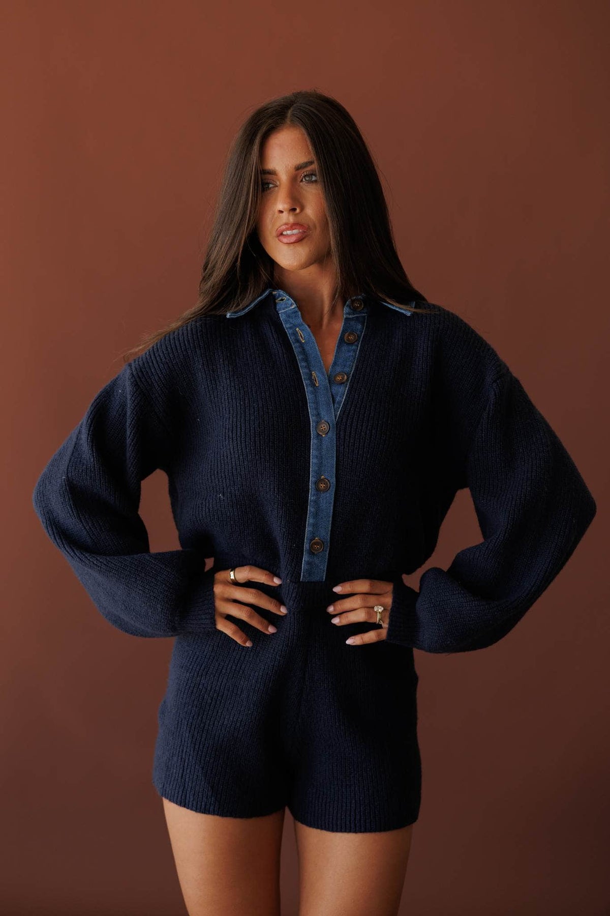 Mixed Signals Sweater Romper, in midnight, front view of the balloon sleeve