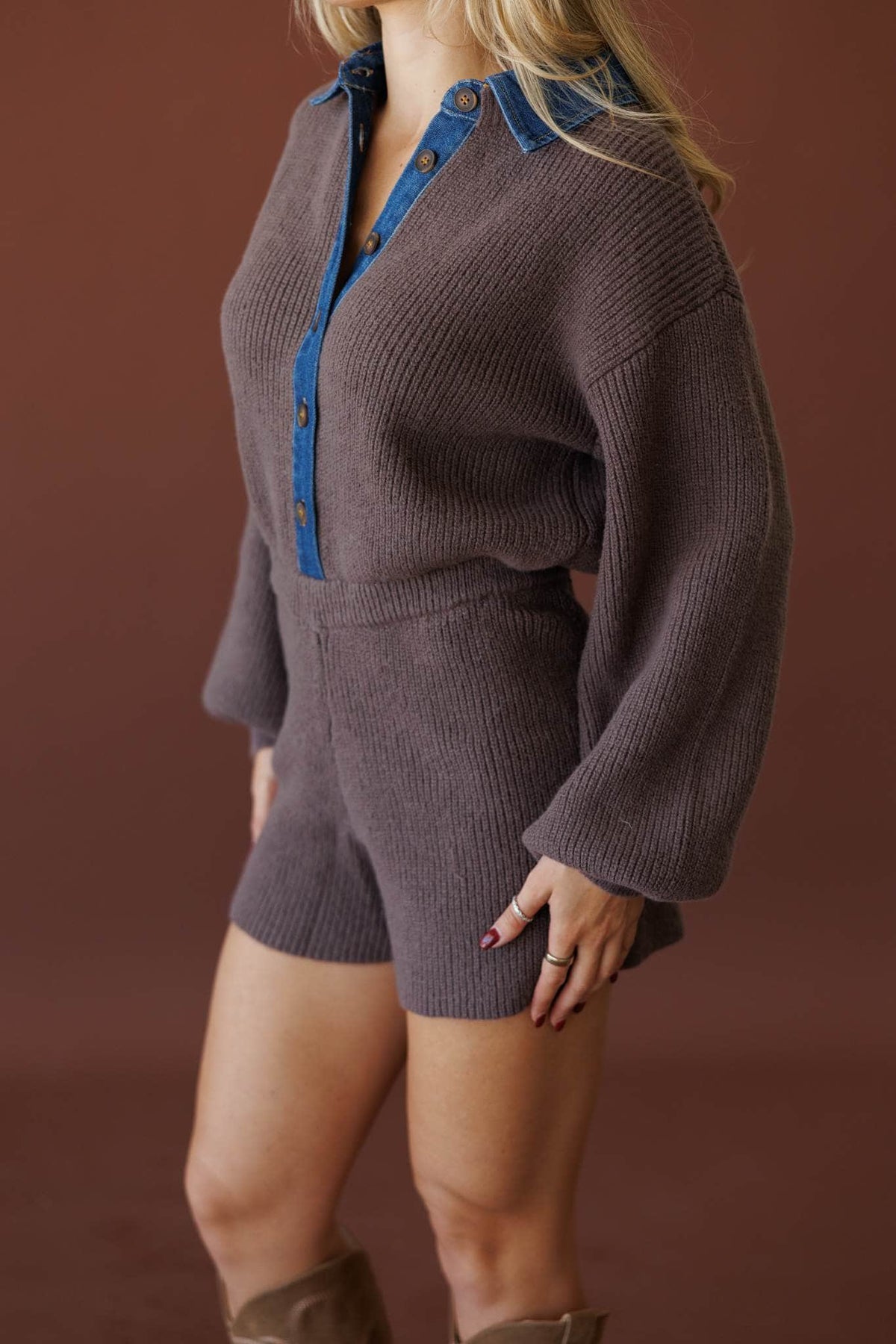 Mixed Signals Sweater Romper, in chocolate, side view of the balloon sleeve