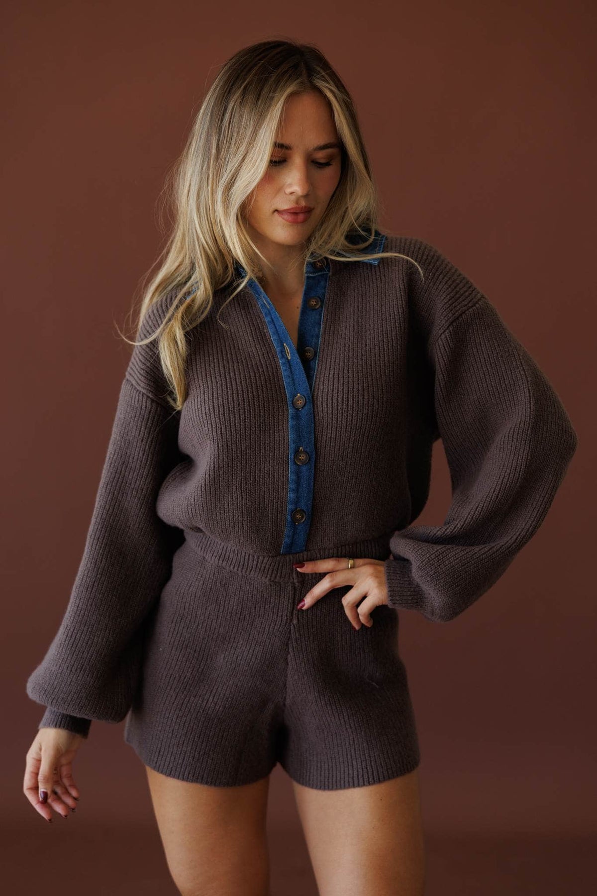 Mixed Signals Sweater Romper, in chocolate, front view of the denim collar and placket