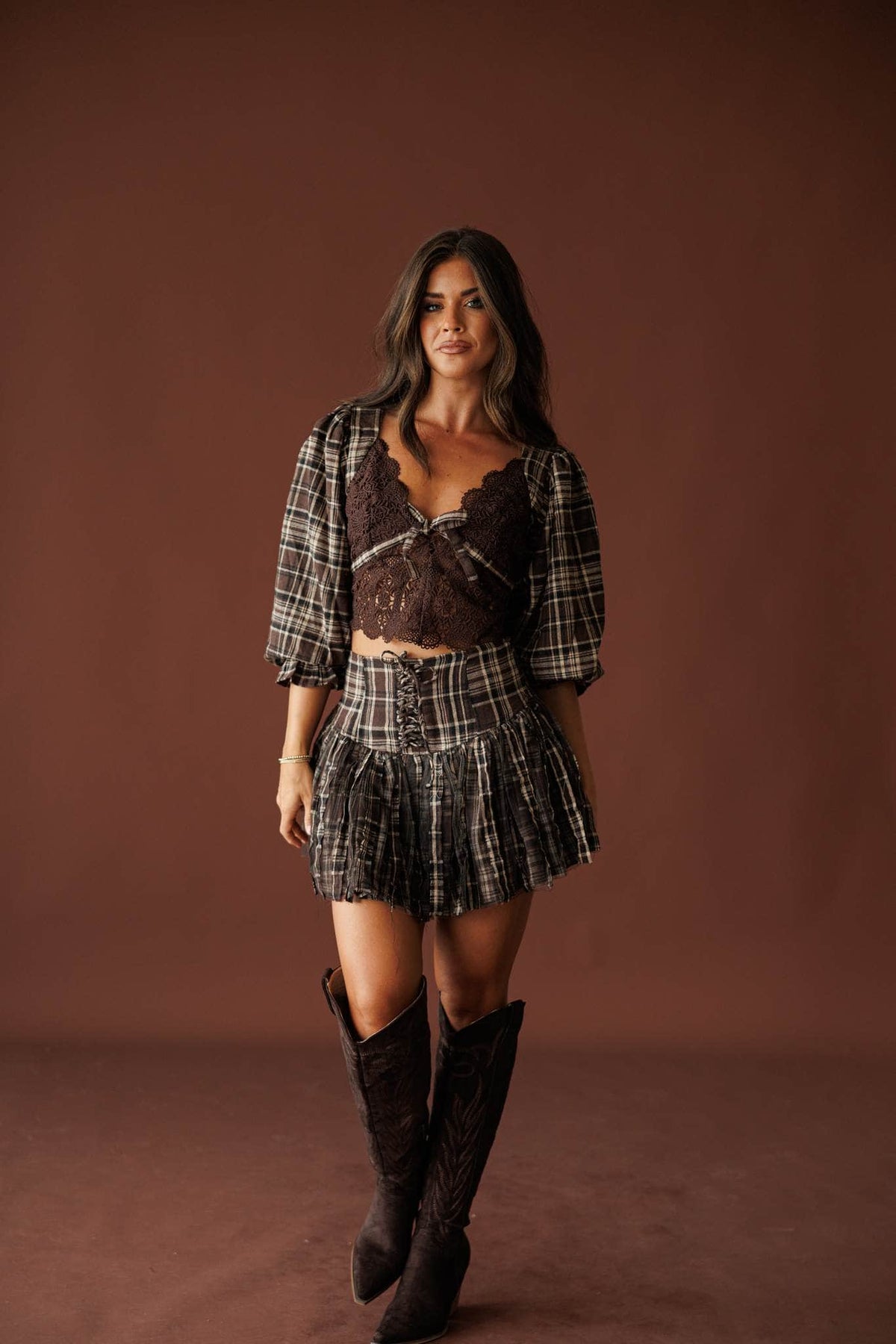 Harvest Social Plaid Skort in chocolate, full-length view with the matching plaid and lace top
