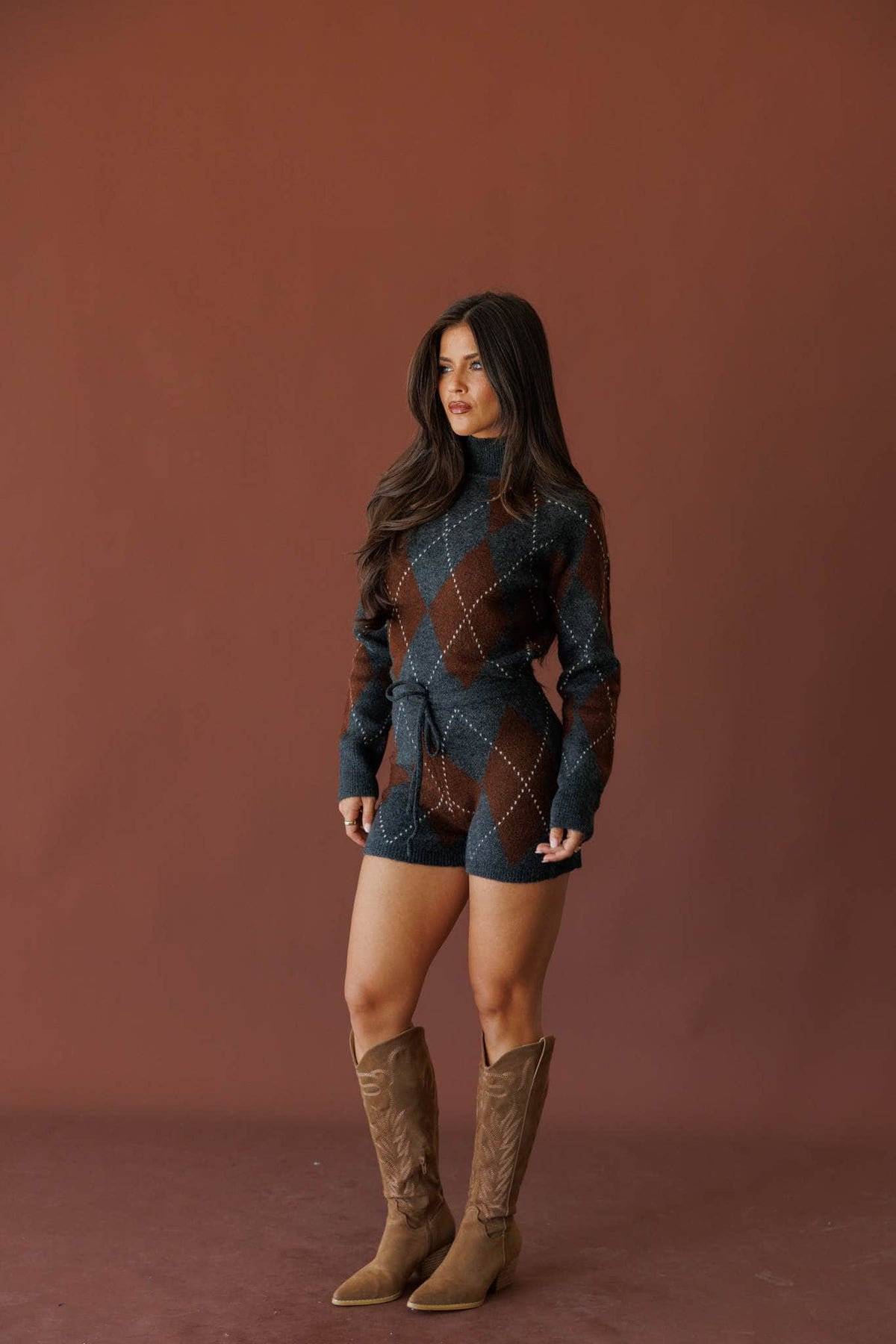 Brown argyle knit romper