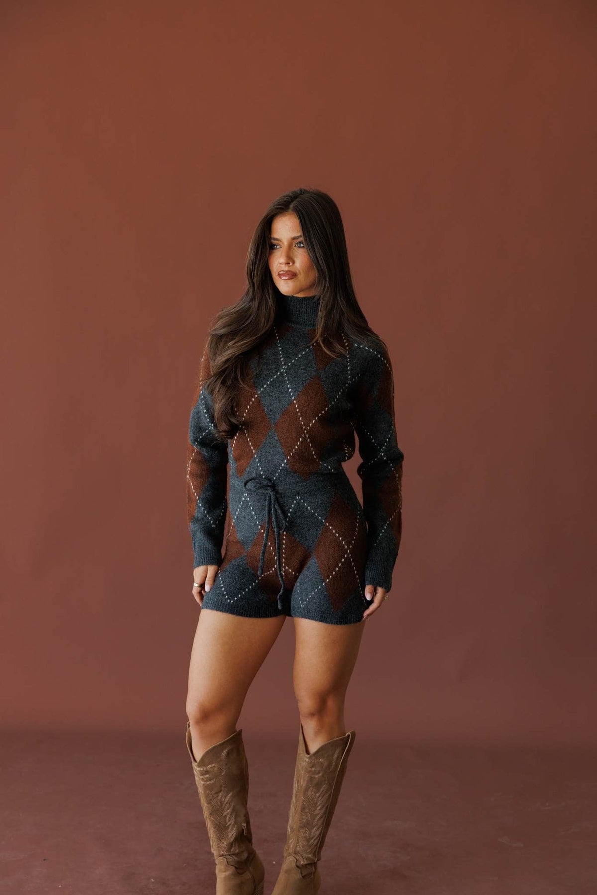Brown argyle knit romper, front view