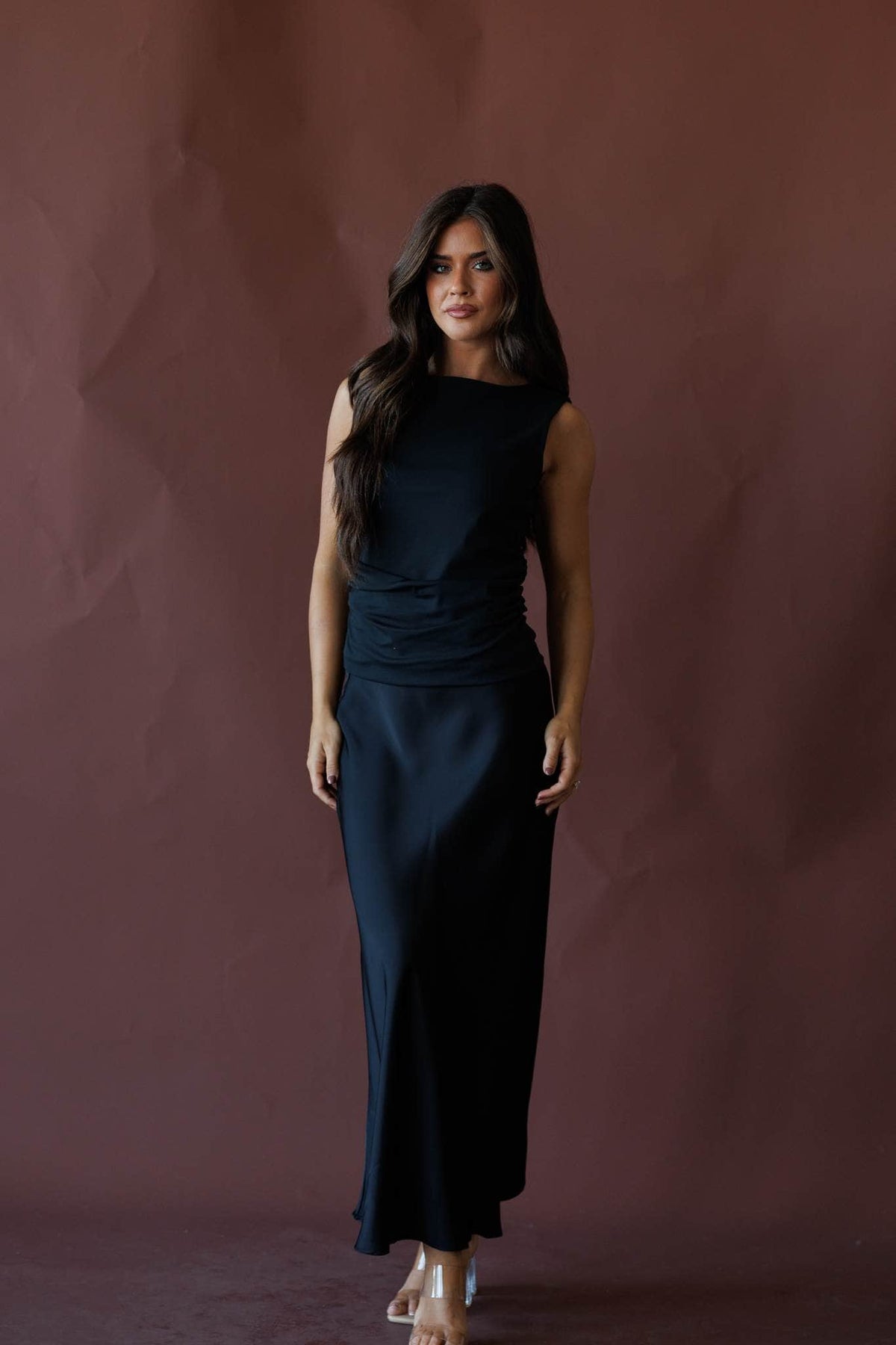 Black satin maxi skirt