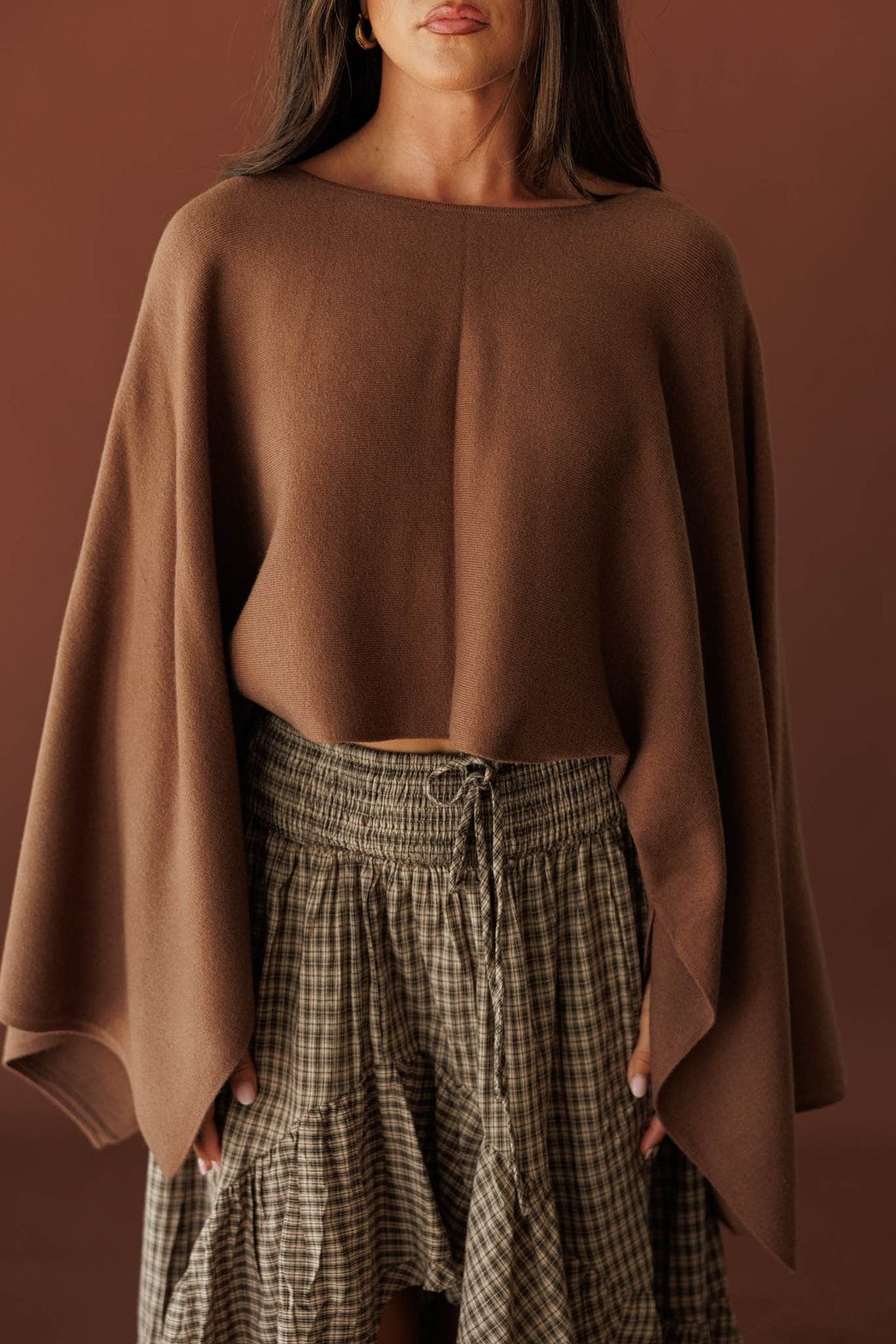 Wide Open Boat Neck Sweater, in brown, front view of the wide boat neck