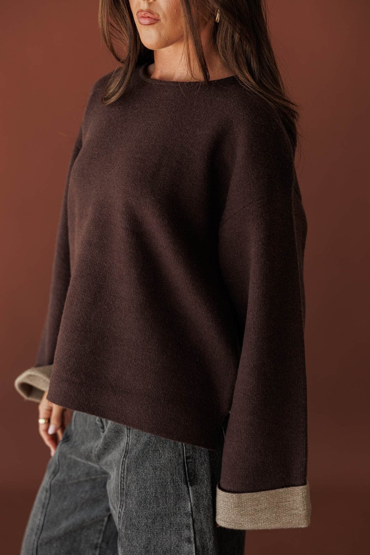 Cuffed In Contrast Sweater, side view of the turned-back cuff