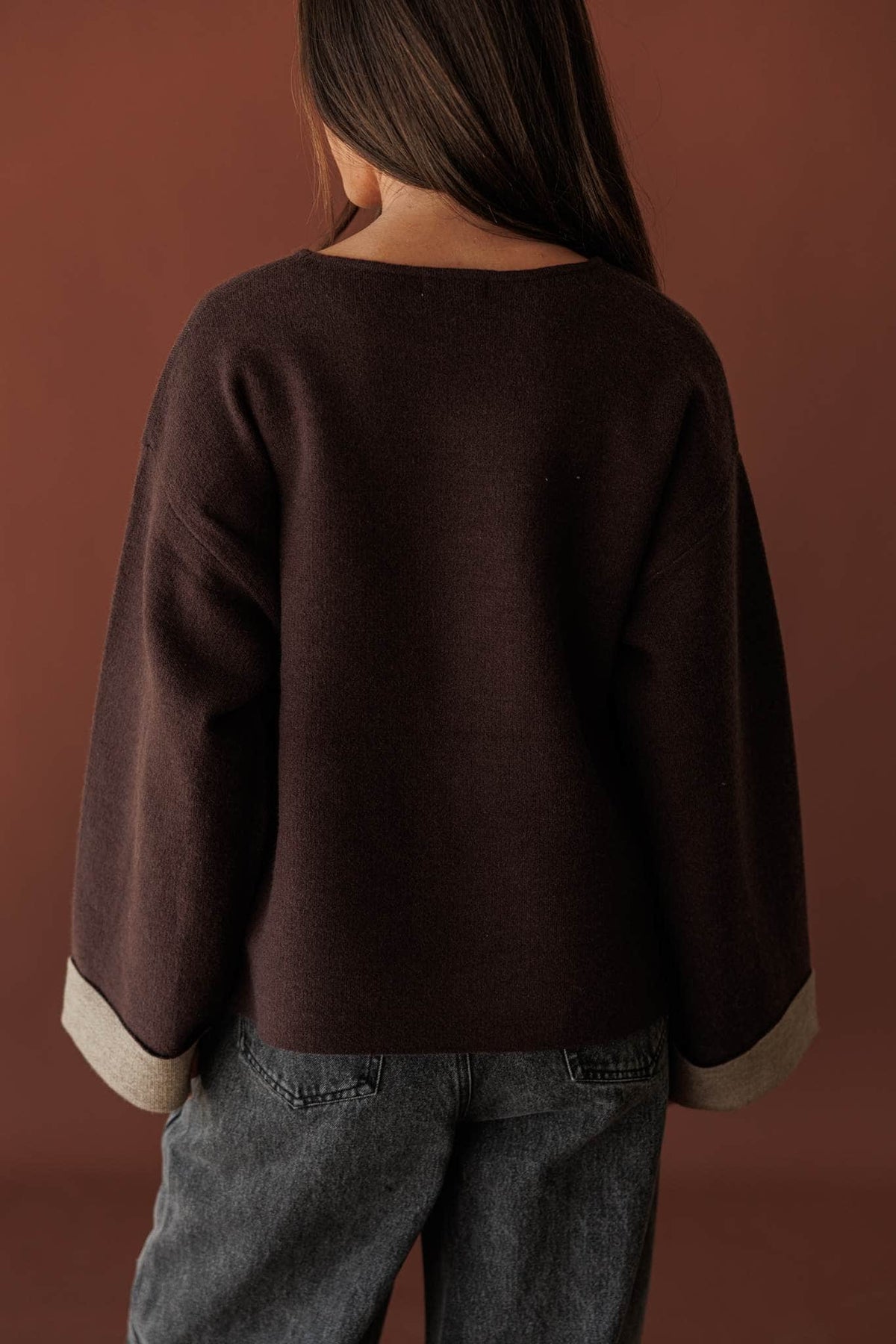 Cuffed In Contrast Sweater, back view of the crew neck