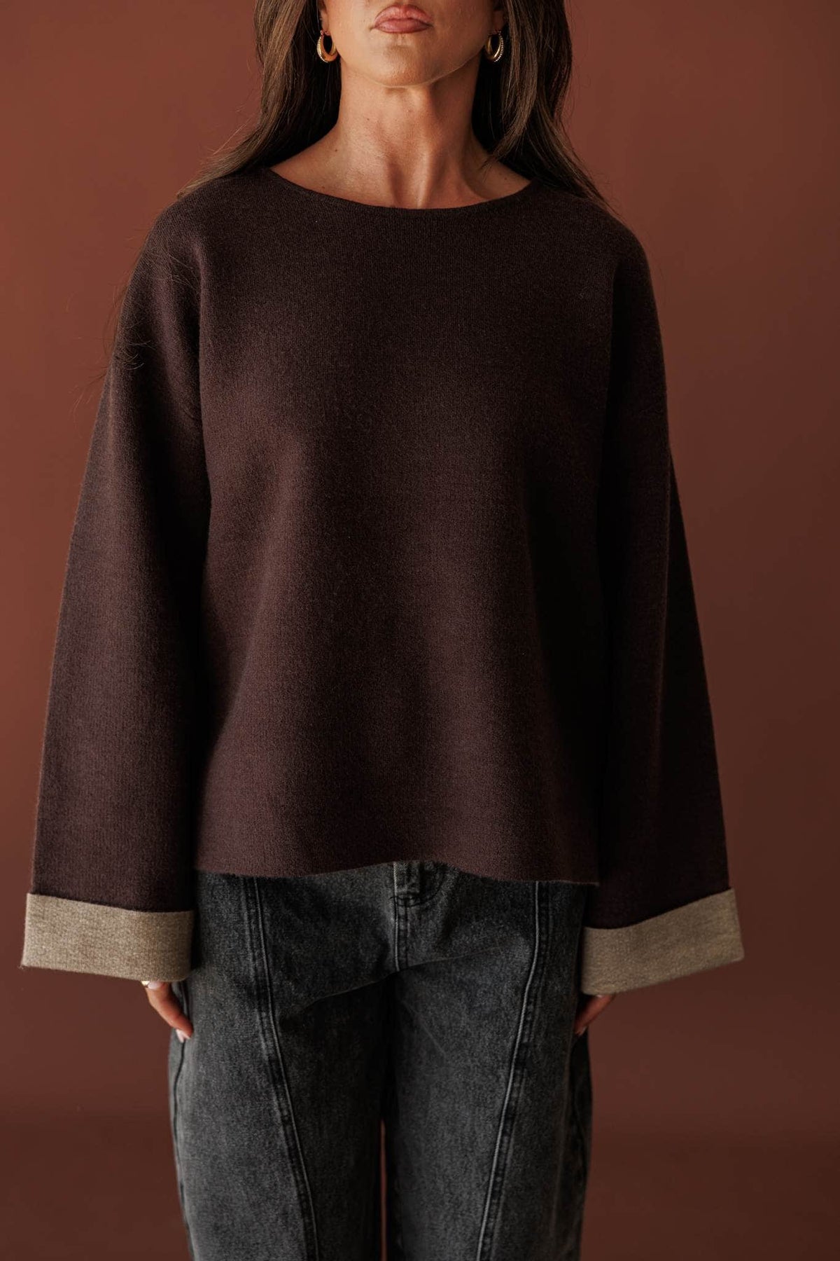 Cuffed In Contrast Sweater, front view of the dense knit