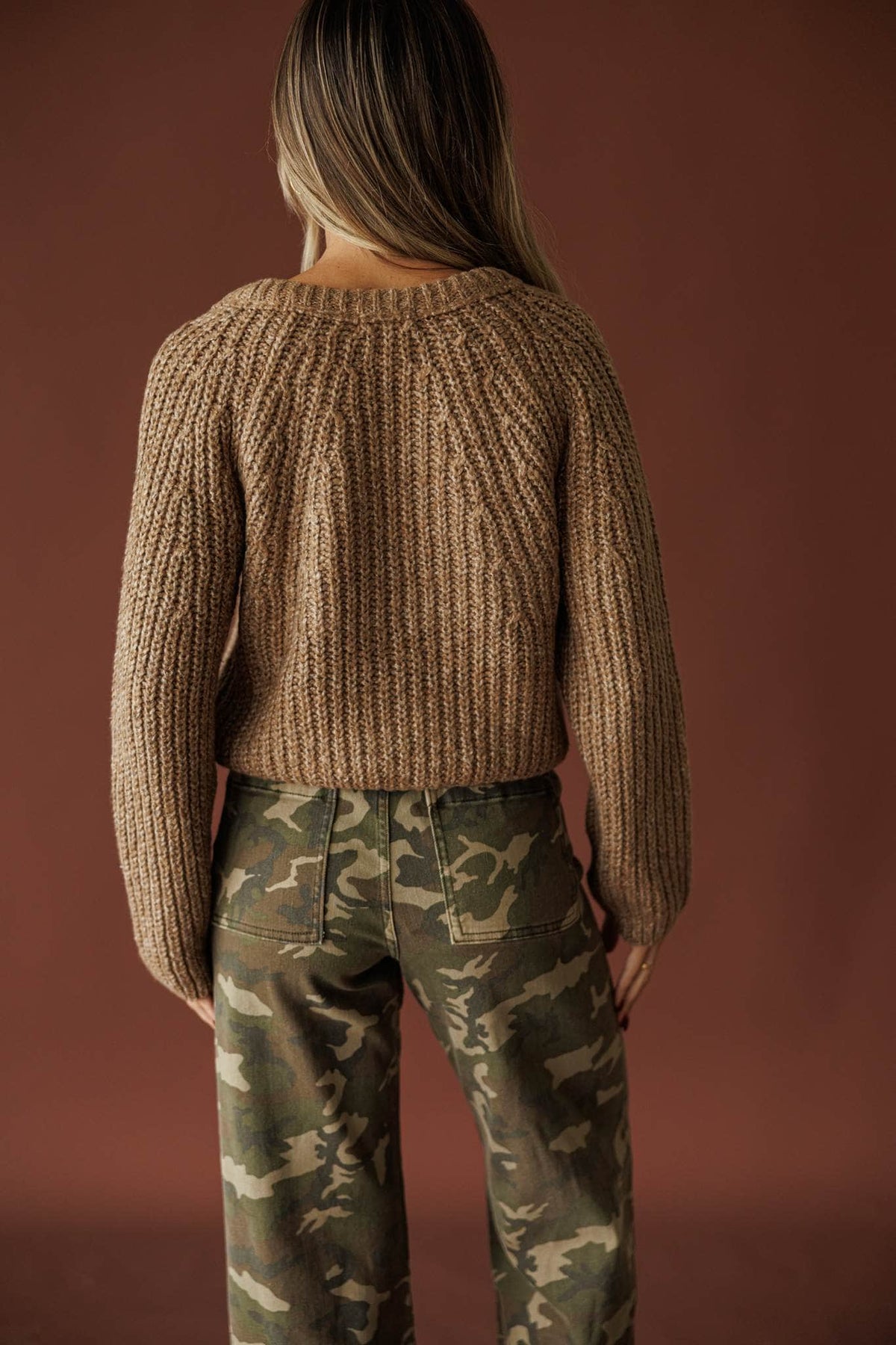 Cedar House Cardigan in sand, back view of the relaxed cropped fit