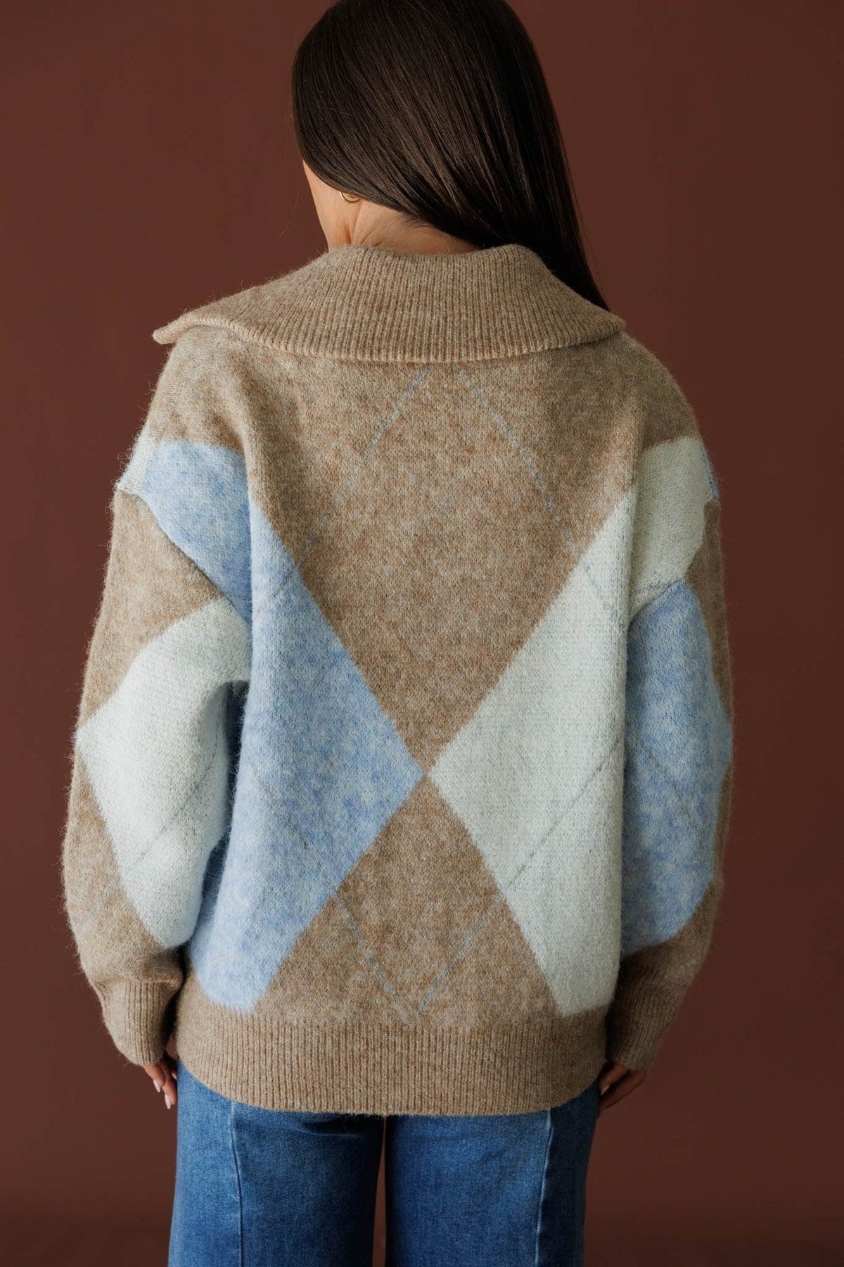 Cream and light blue colourblock knit sweater