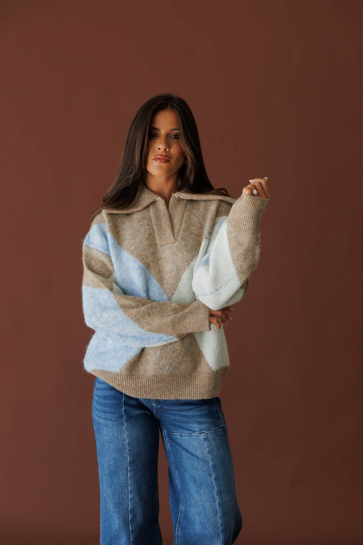 Cream and light blue colourblock knit sweater
