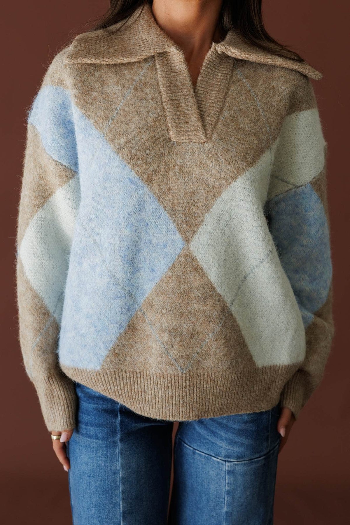 Cream and light blue colourblock knit sweater