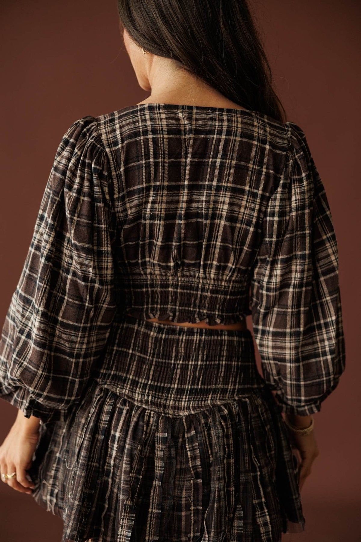 Harvest Social Plaid Top in chocolate, back view with balloon sleeves and smocked back